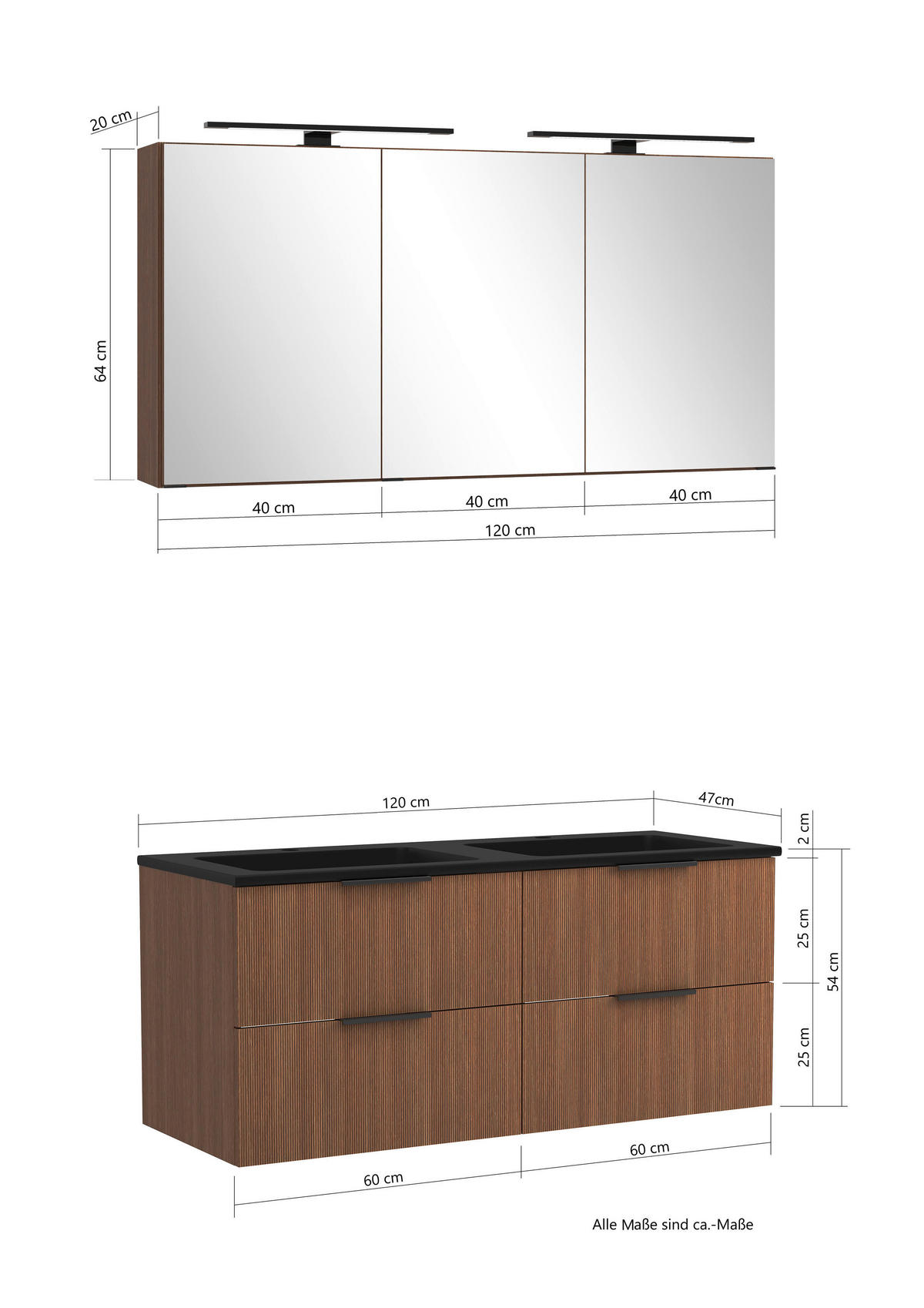 BADEZIMMER 3-teilig  in 120 cm  - Dunkelbraun/Schwarz, Natur, Glas/Holzwerkstoff (120cm) - Held