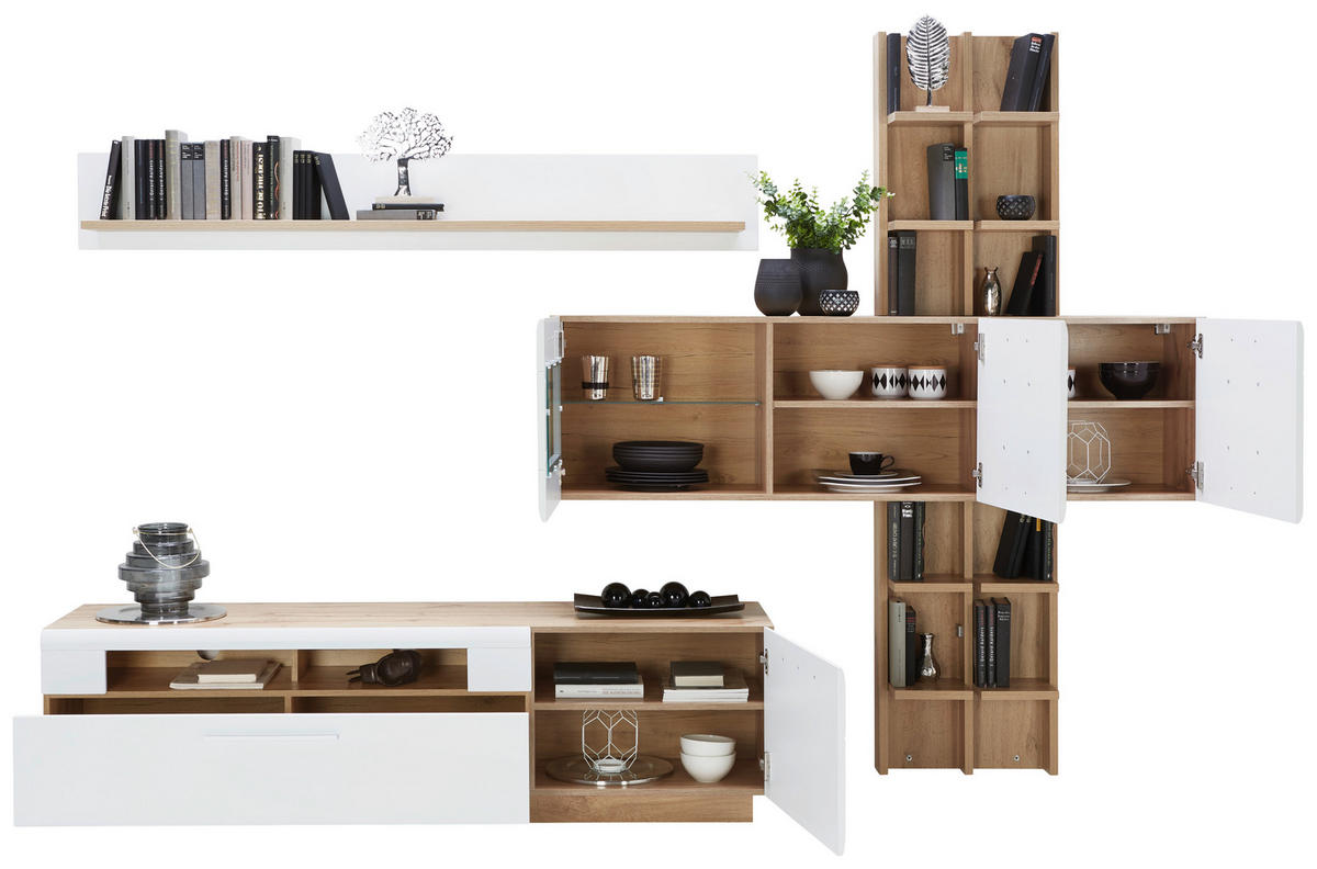 DNEVNI REGAL,  bela, barve hrasta  - barve kroma/barve hrasta, Trend, umetna masa/steklo (318/194/46cm) - Hom`in