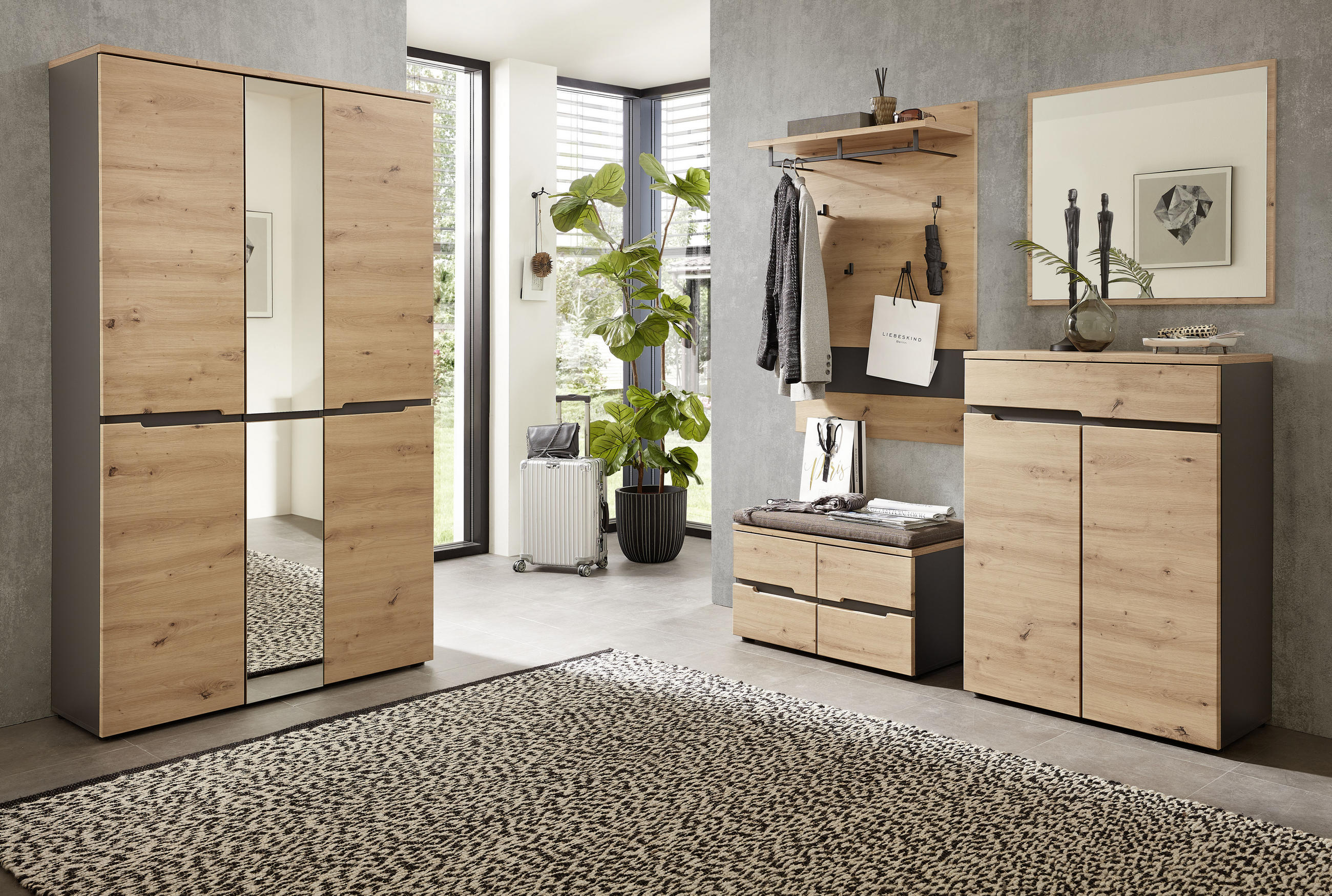 GARDEROBENSCHRANK Graphitfarben, Eichefarben - Eichefarben/Graphitfarben, Design, Glas/Holzwerkstoff (105/192/38cm) - Voleo