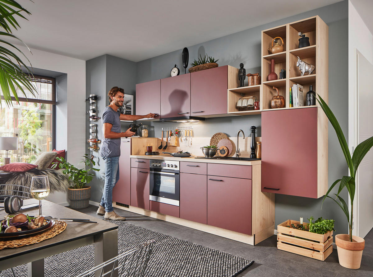 KÜCHENLEERBLOCK 330 cm   in Rot, Eichefarben  - Eichefarben/Rot, KONVENTIONELL, Holzwerkstoff/Metall (330cm) - Welnova