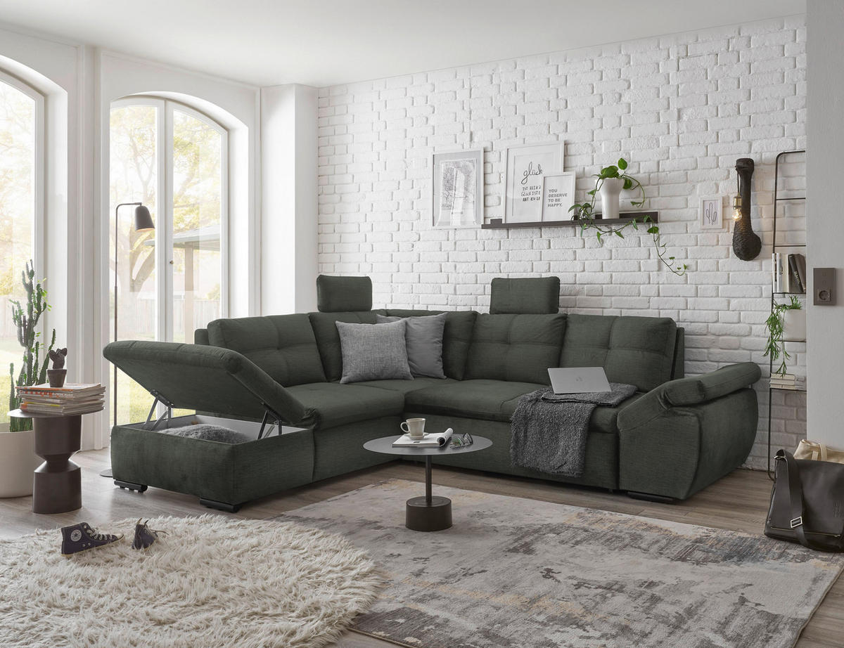 ECKSOFA in Mikrovelours Dunkelgrün  - Dunkelgrün/Schwarz, KONVENTIONELL, Kunststoff/Textil (217/265cm) - Carryhome