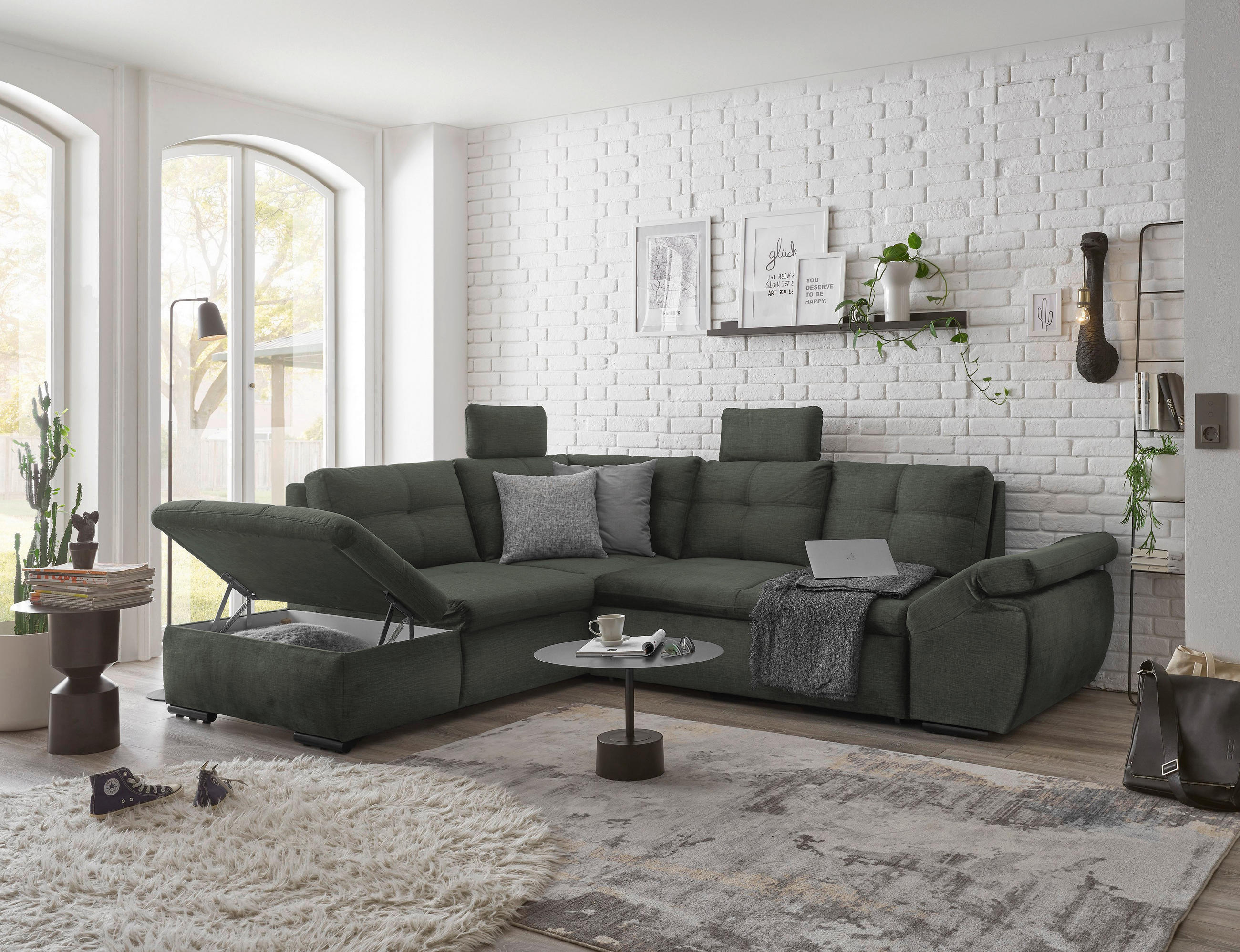 Thumbnail - Carryhome Ecksofa, Dunkelgrün, Textil, 5-Sitzer, Füllung: Schaumstoffflocken, Ottomane links, L-Form, 265x217 cm, Typena...