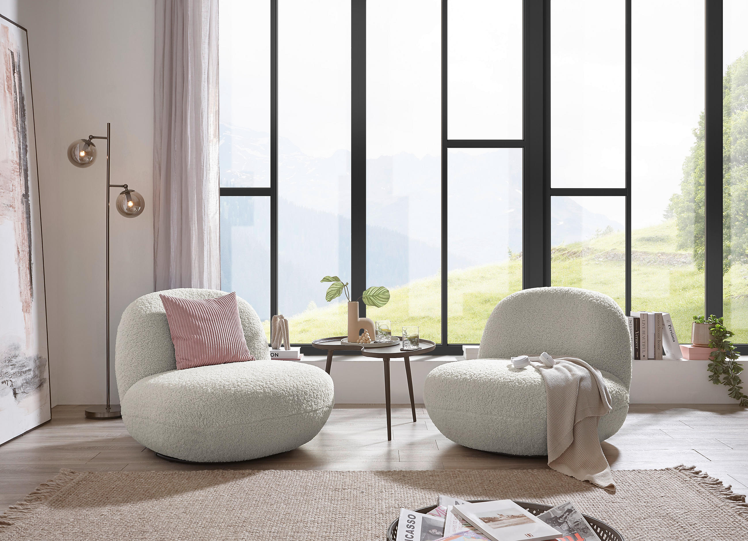SESSEL in Teddystoff Creme  - Creme/Schwarz, Modern, Textil/Metall (85/70/99cm) - MID.YOU