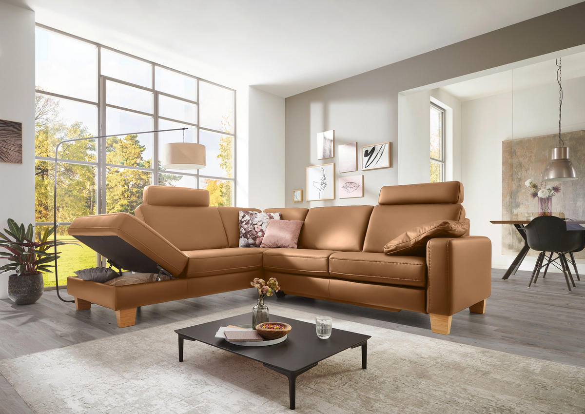 ECKSOFA in Echtleder Hellbraun  - Hellbraun/Eiche Bianco, Konventionell, Leder/Holz (235/257cm) - Valdera