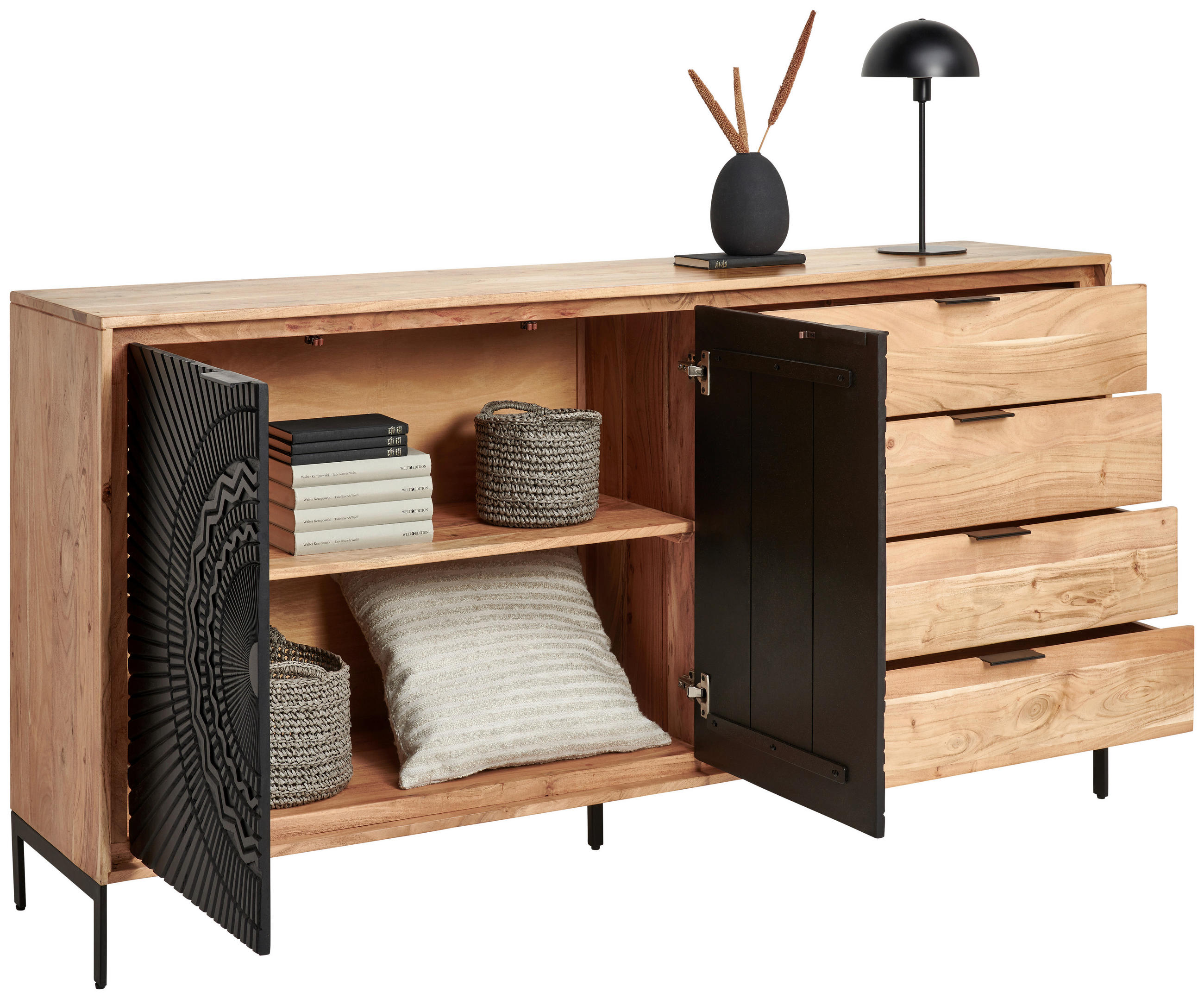SIDEBOARD 175/90/40 cm  - svart/akaciefärgad, Design, metall/trä (175/90/40cm) - Ambia Home