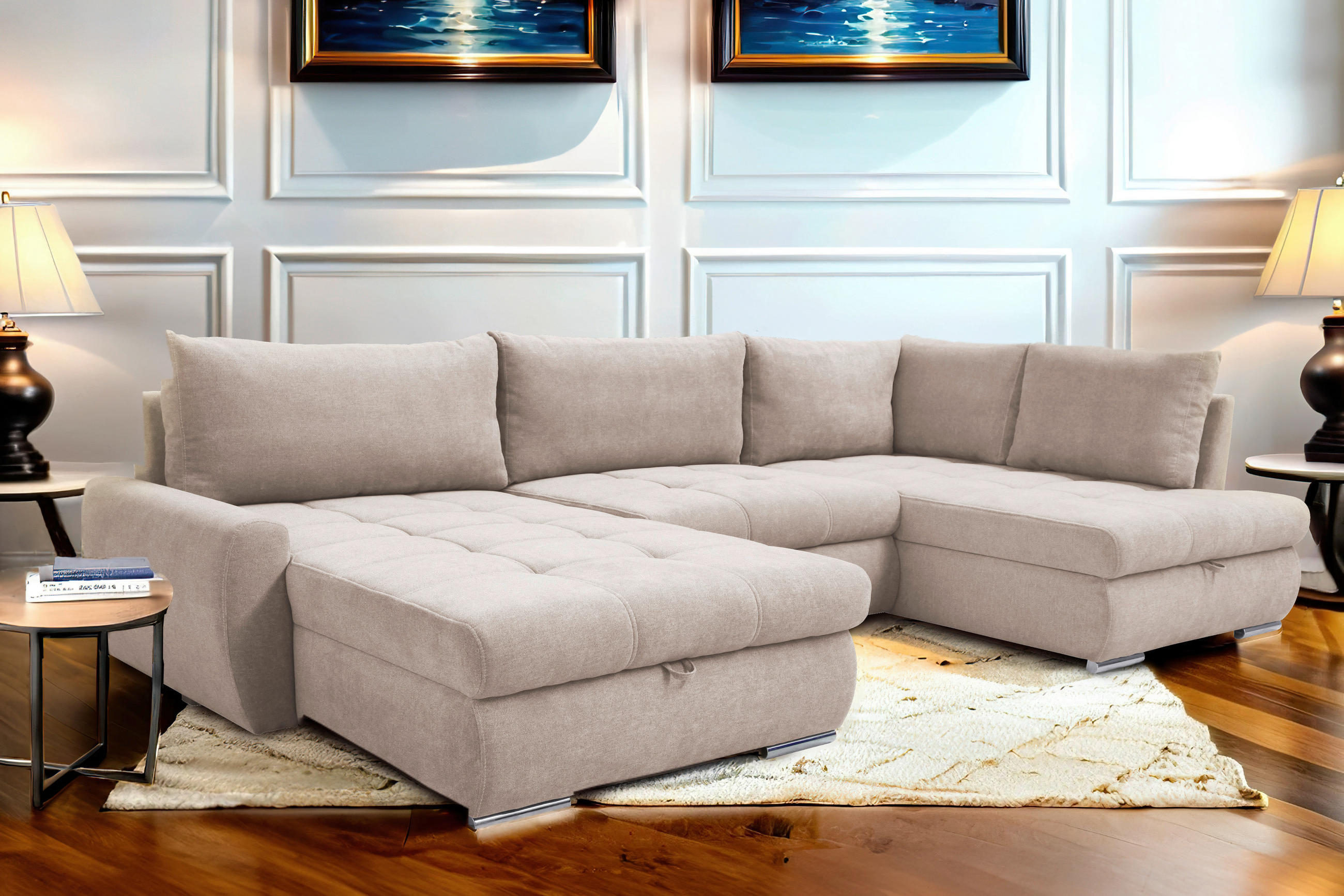 ECKSOFA Beige Velours  - Chromfarben/Beige, Design, Kunststoff/Textil (174/322/173cm) - Livetastic
