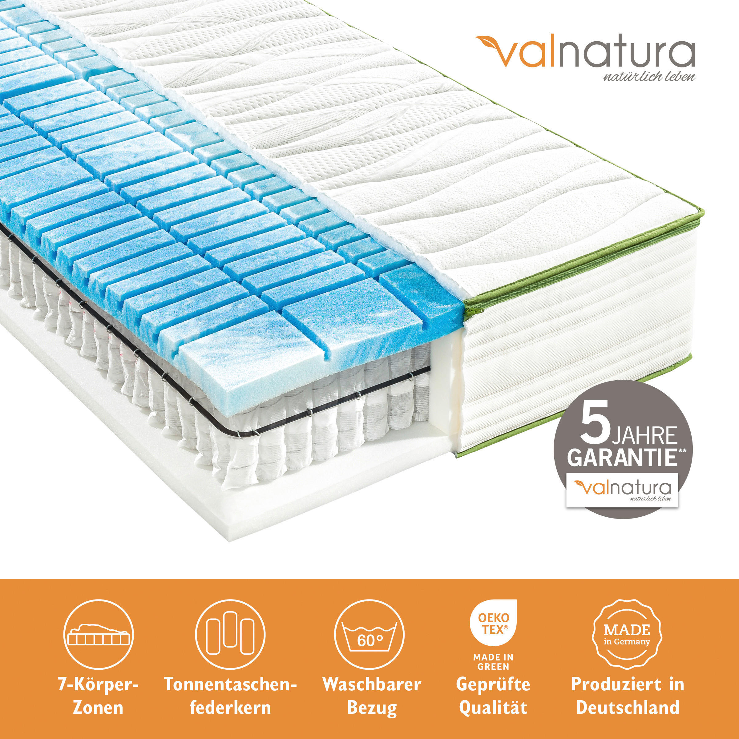 GEL-TASCHENFEDERKERNMATRATZE 90/200 cm Höhe ca. 24 cm 7 -Zonen - Weiß, Basics, Textil (90/200cm) - Valnatura