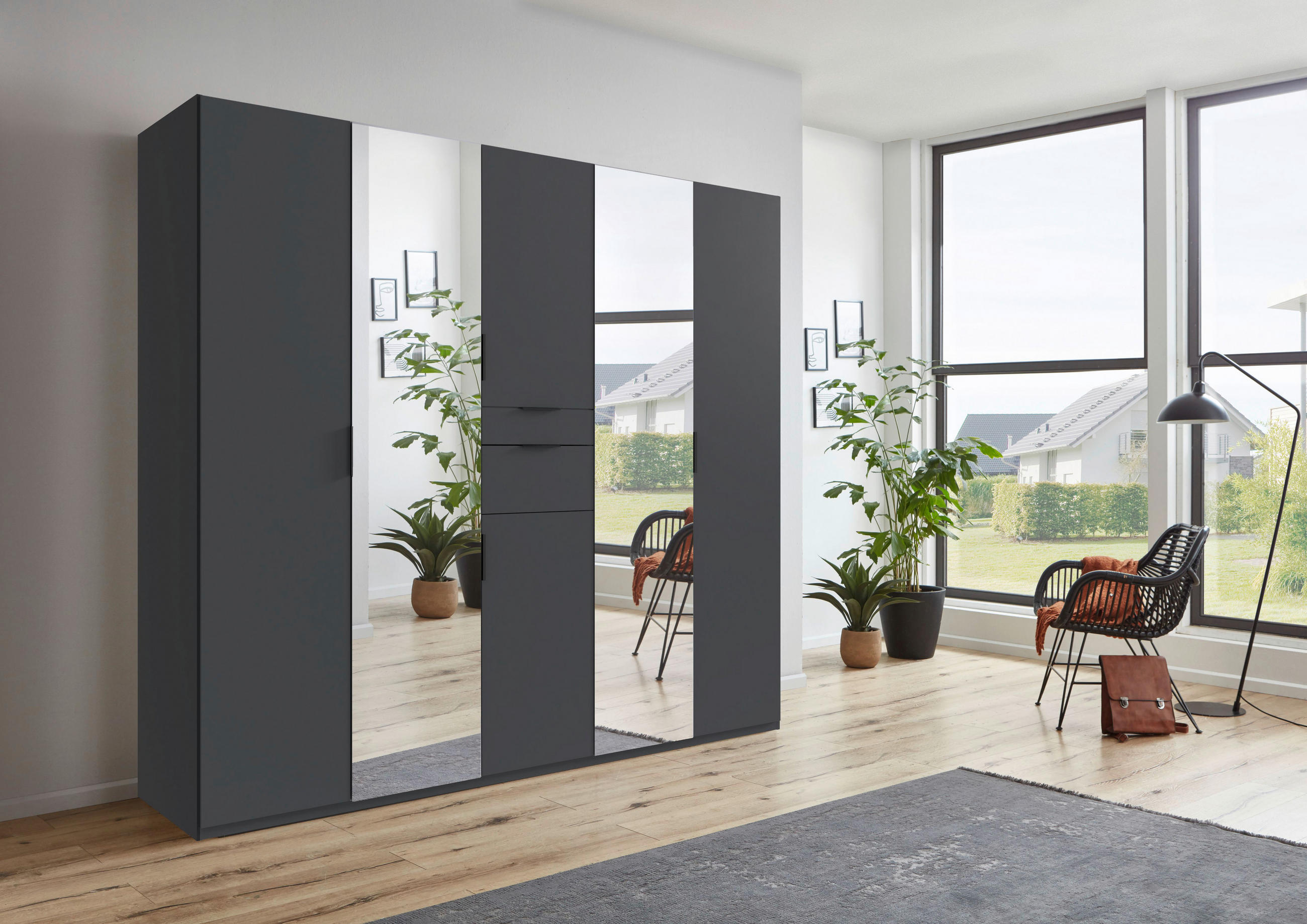 KLEIDERSCHRANK 225/210/58 cm 6-türig Graphitfarben  - Schwarz/Graphitfarben, MODERN, Glas/Holzwerkstoff (225/210/58cm) - Boxxx