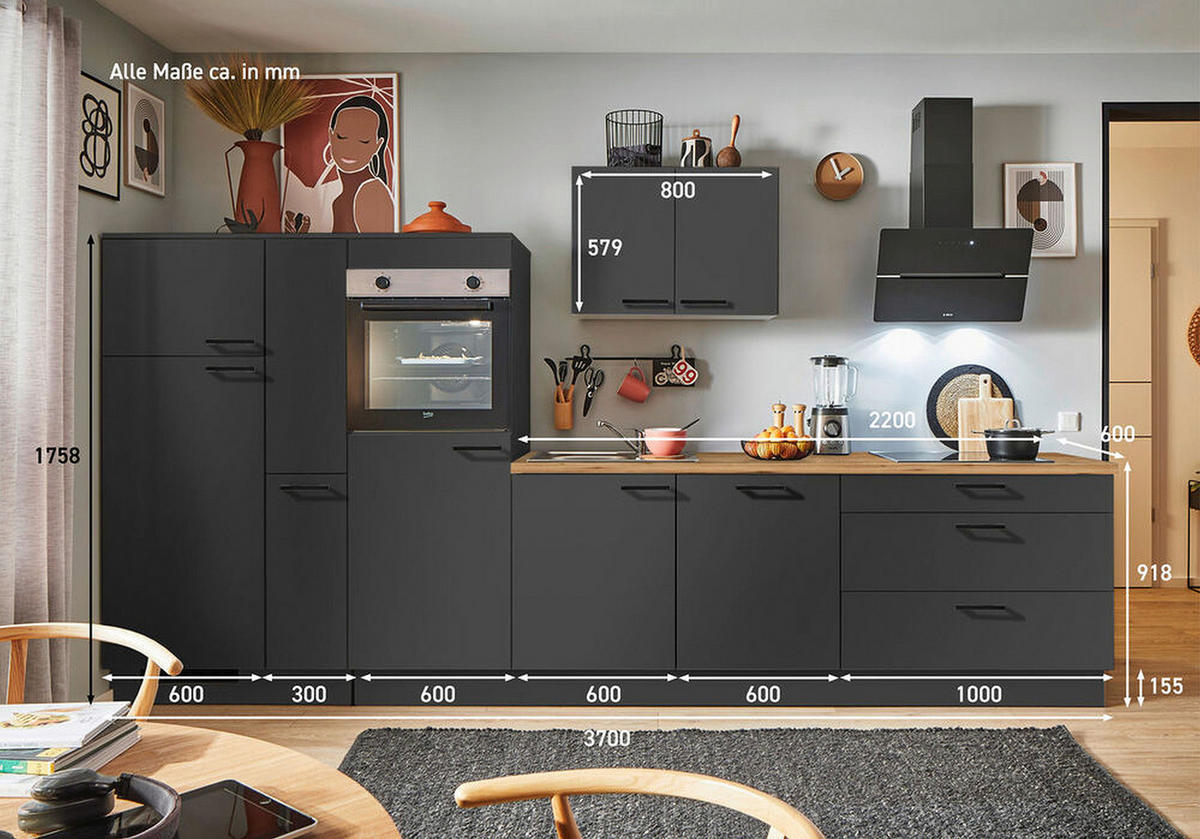 KÜCHENBLOCK PN 80 370 cm  in Graphitfarben, Eichefarben  - Eichefarben/Schwarz, Design, Holzwerkstoff/Metall (370cm) - Pino