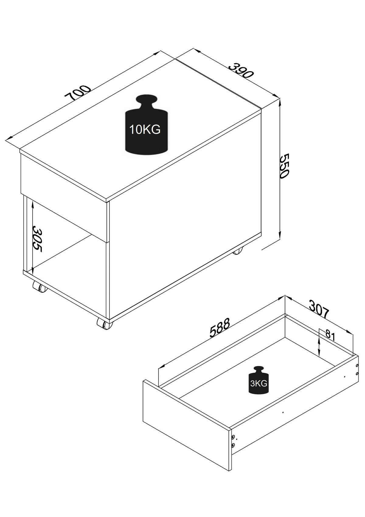 ROLLCONTAINER 39/55/70 cm  - Weiss, Modern, Holzwerkstoff/Kunststoff (39/55/70cm) - MID.YOU