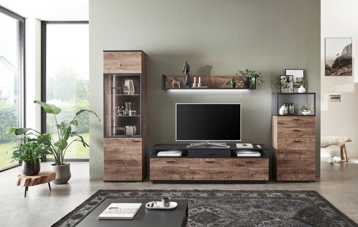 WOHNWAND  in Eichefarben, Dunkelgrau  320/206/50 cm  - Eichefarben/Dunkelgrau, KONVENTIONELL, Glas/Holzwerkstoff (320/206/50cm) - Cantus