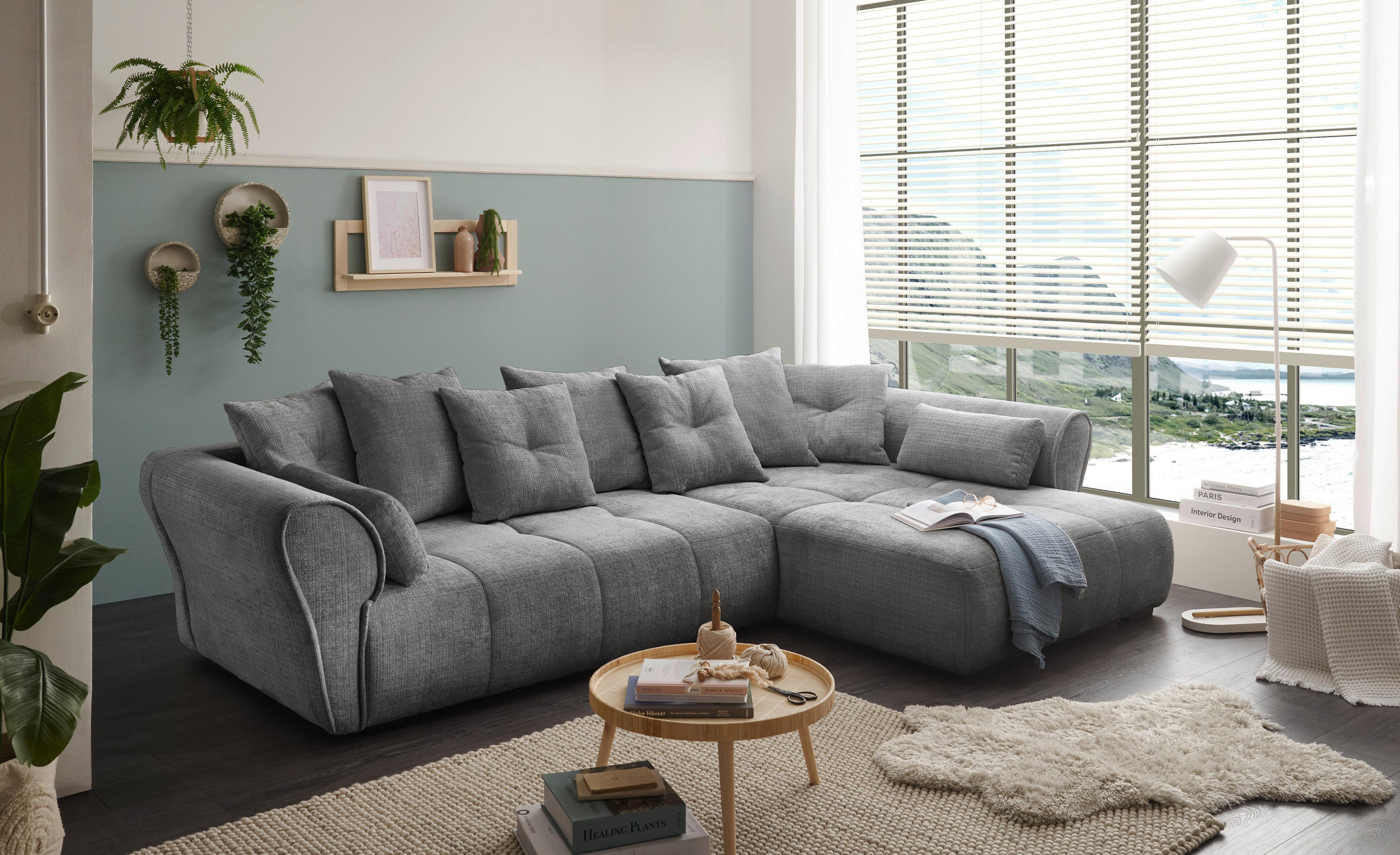 ECKSOFA in Chenille Grau  - Schwarz/Grau, Konventionell, Kunststoff/Textil (330/197cm) - MID.YOU