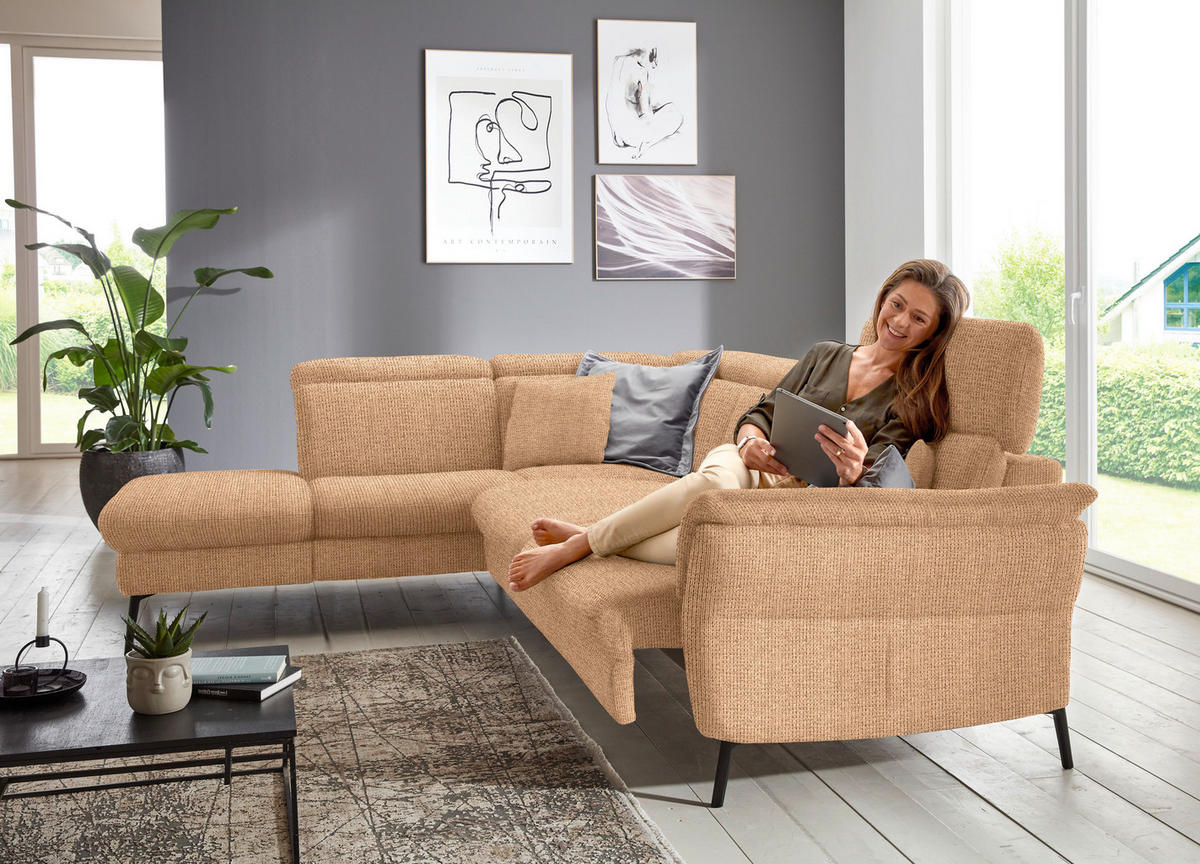 ECKSOFA in Struktur Cognac  - Cognac/Schwarz, Modern, Textil/Metall (235/275cm) - Cantus