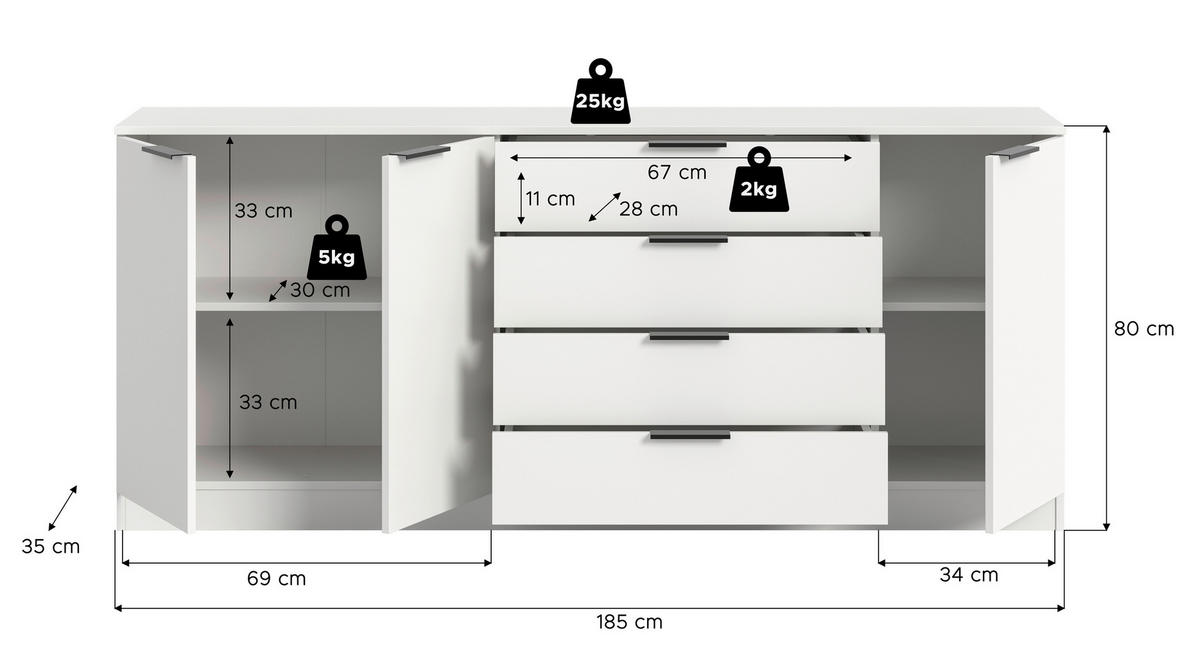 KOMMODE  in 185/80/35 cm  - Schwarz/Weiß, Design, Holzwerkstoff/Kunststoff (185/80/35cm) - Livetastic