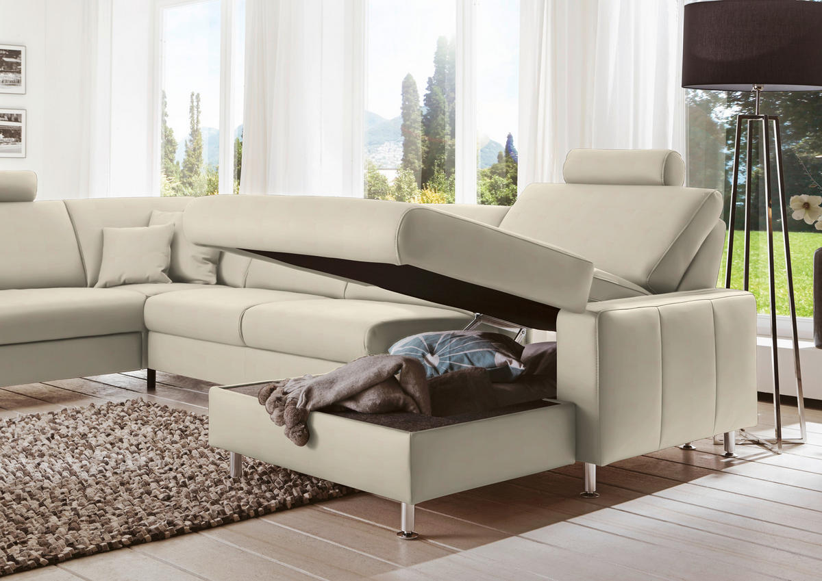 WOHNLANDSCHAFT in Echtleder Creme  - Creme/Alufarben, Design, Leder/Metall (233/339/165cm) - Beldomo Premium