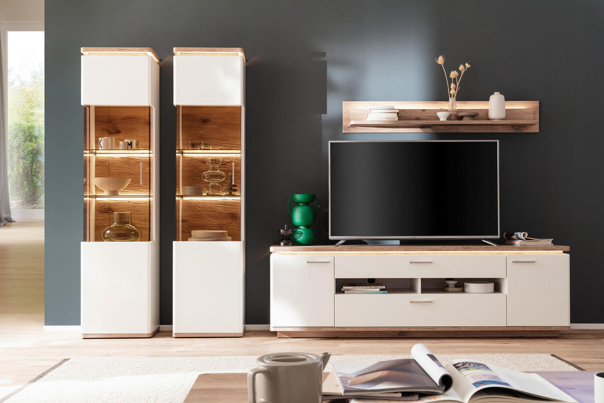 WOHNWAND Palermo 4-teilig  in Weiß, Eichefarben  330/208/50 cm  - Eichefarben/Weiß, Design, Glas/Holzwerkstoff (330/208/50cm) - Livetastic