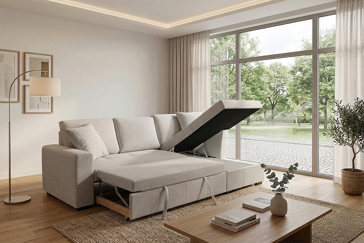 ECKSOFA LUKAS Silberfarben Struktur Zierkissen, Bettkasten  - Silberfarben, Trend, Textil (239/158cm) - P & B