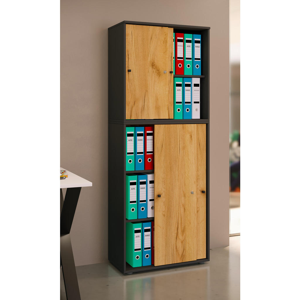 Thumbnail - Mid.you Aktenschrank, Anthrazit, Honigeiche, Holzwerkstoff, 3 Fächer, 70x183x37 cm, abschließbar, Arbeitszimmer, Aktensc...