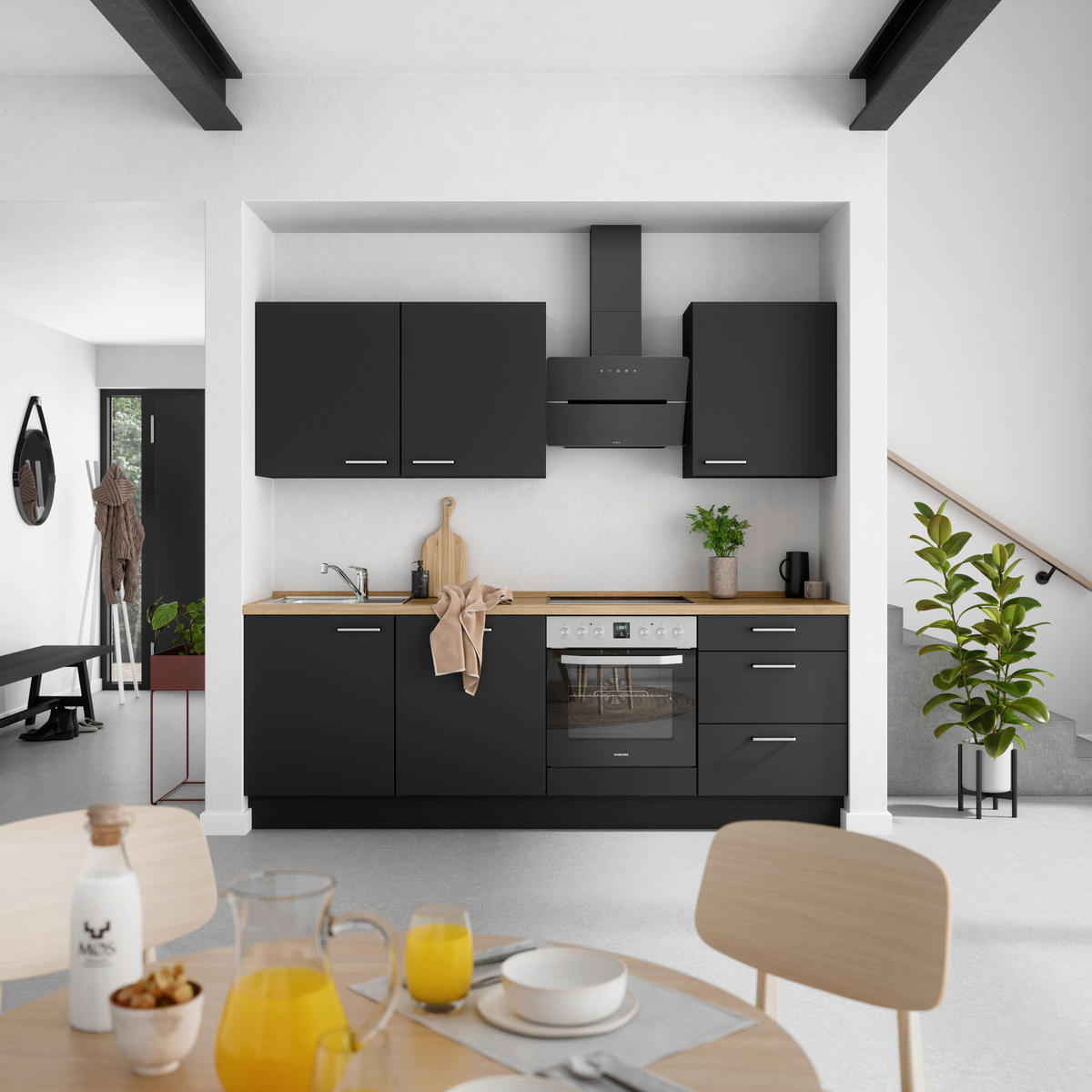 KÜCHENLEERBLOCK 240 cm   in Schwarz, Eichefarben  - Edelstahlfarben/Eichefarben, MODERN, Holzwerkstoff/Metall (240cm) - Nobilia