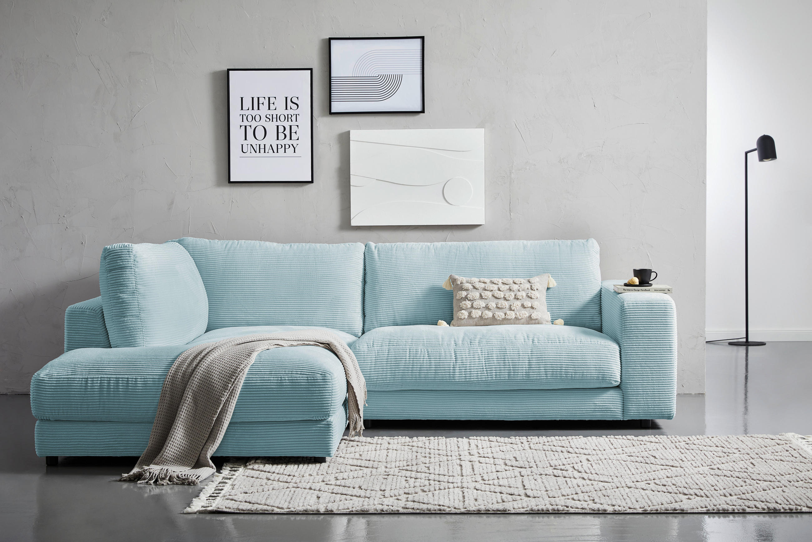 ECKSOFA Hellblau Cord  - Schwarz/Hellblau, Design, Kunststoff/Textil (224/265cm) - Hom`in