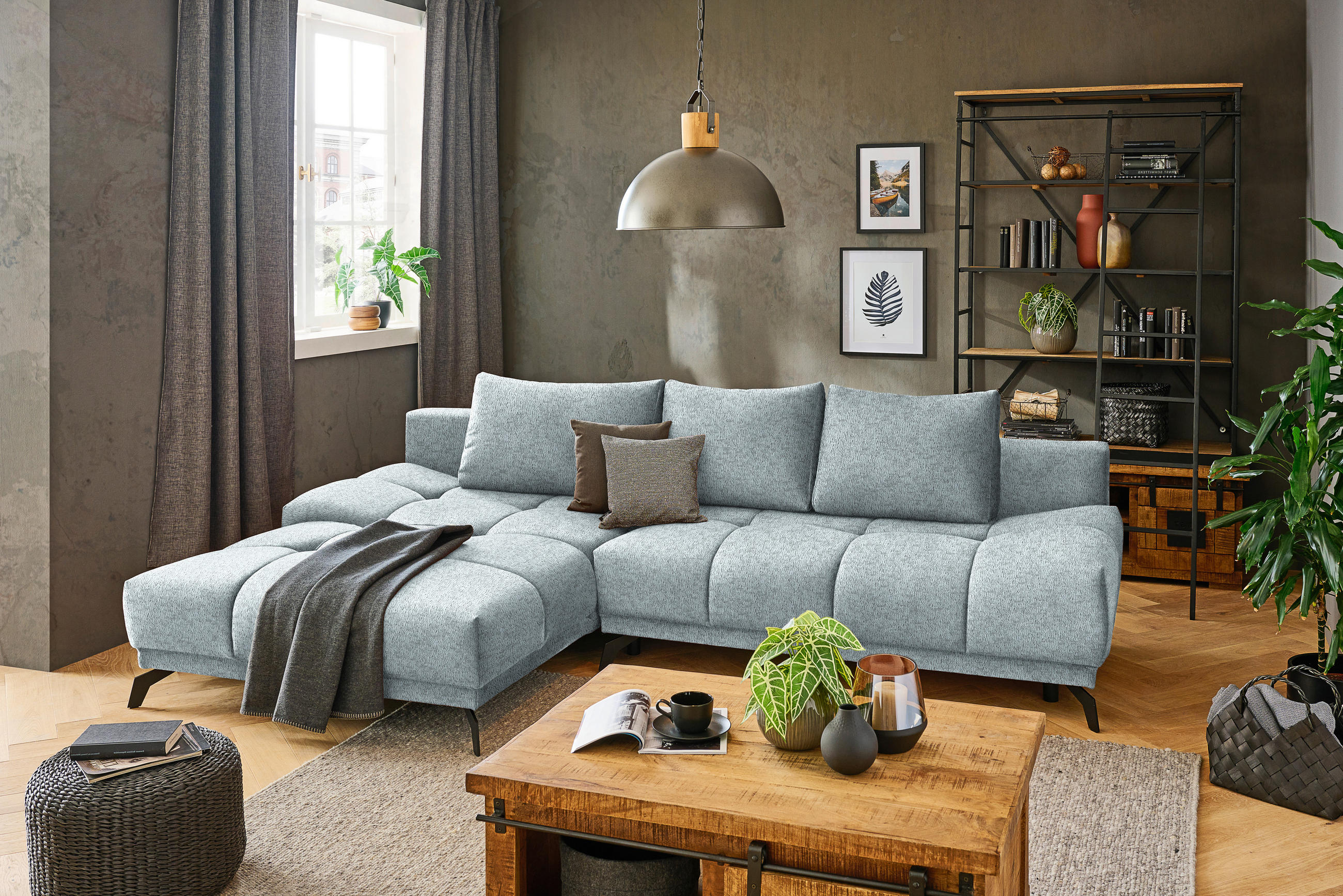 ECKSOFA in Chenille Türkis  - Türkis/Schwarz, Modern, Textil/Metall (182/290cm) - Hom`in