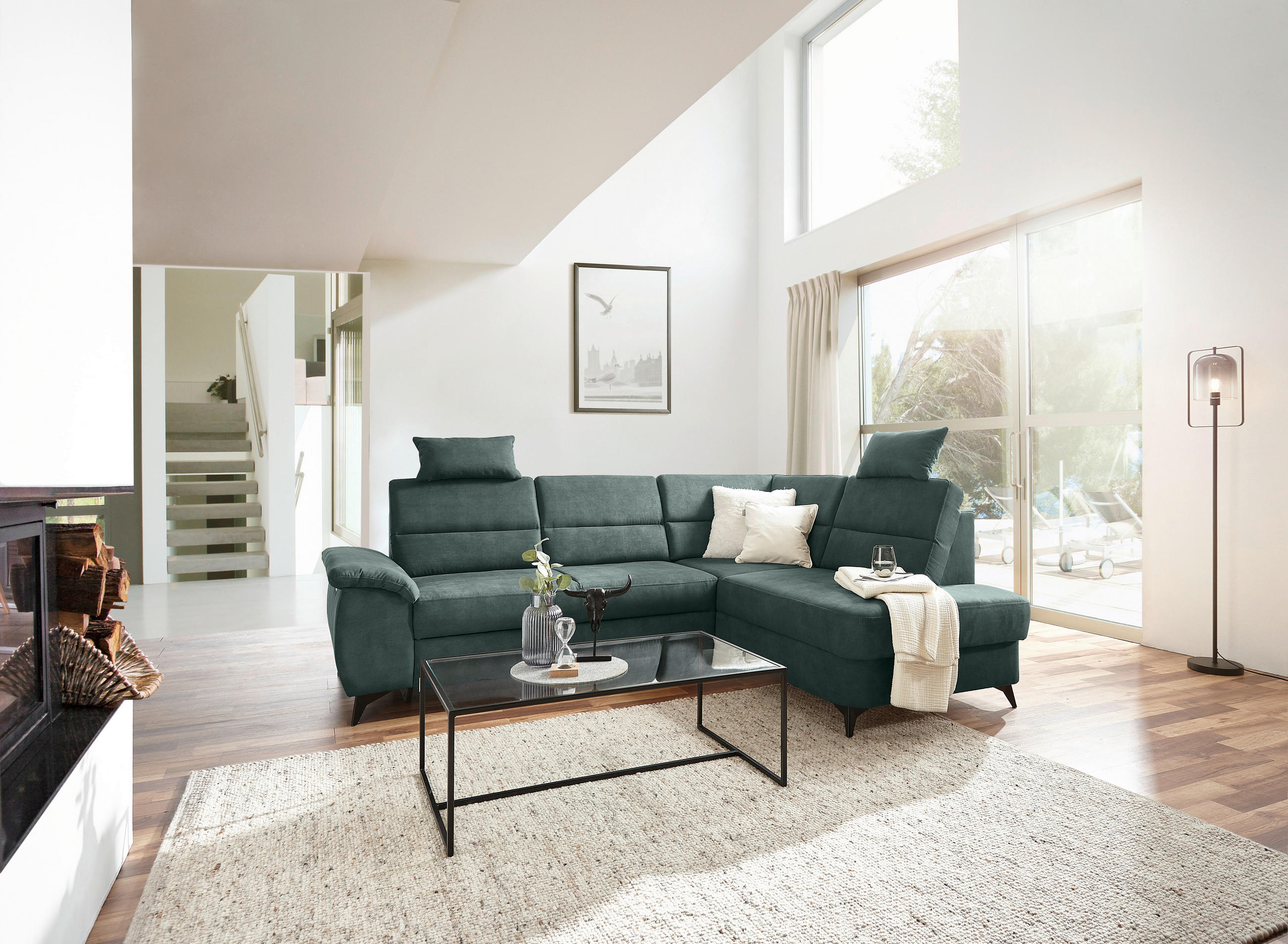 Wohnlandschaft inkl.Funktionen Petrol Lederlook - Petrol/Schwarz, KONVENTIONELL, Textil/Metall (257/194cm) - Cantus