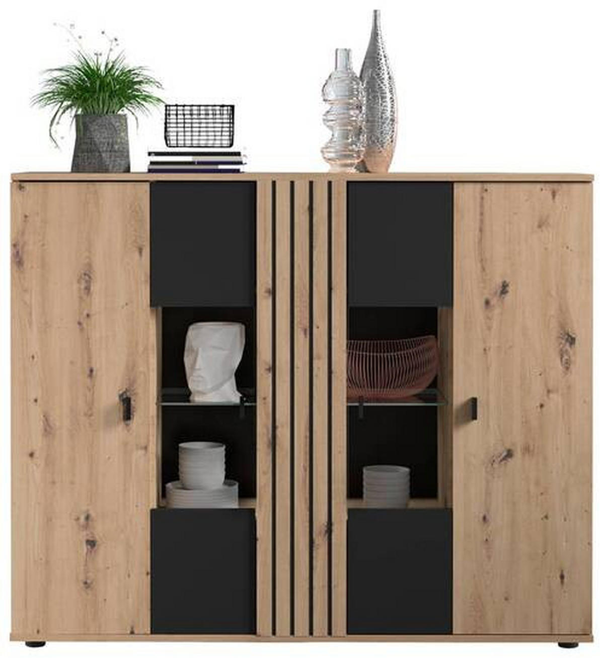 HIGHBOARD  in 140,1/115/38 cm  - Schwarz/Eiche Artisan, KONVENTIONELL, Glas/Holzwerkstoff (140,1/115/38cm) - Carryhome