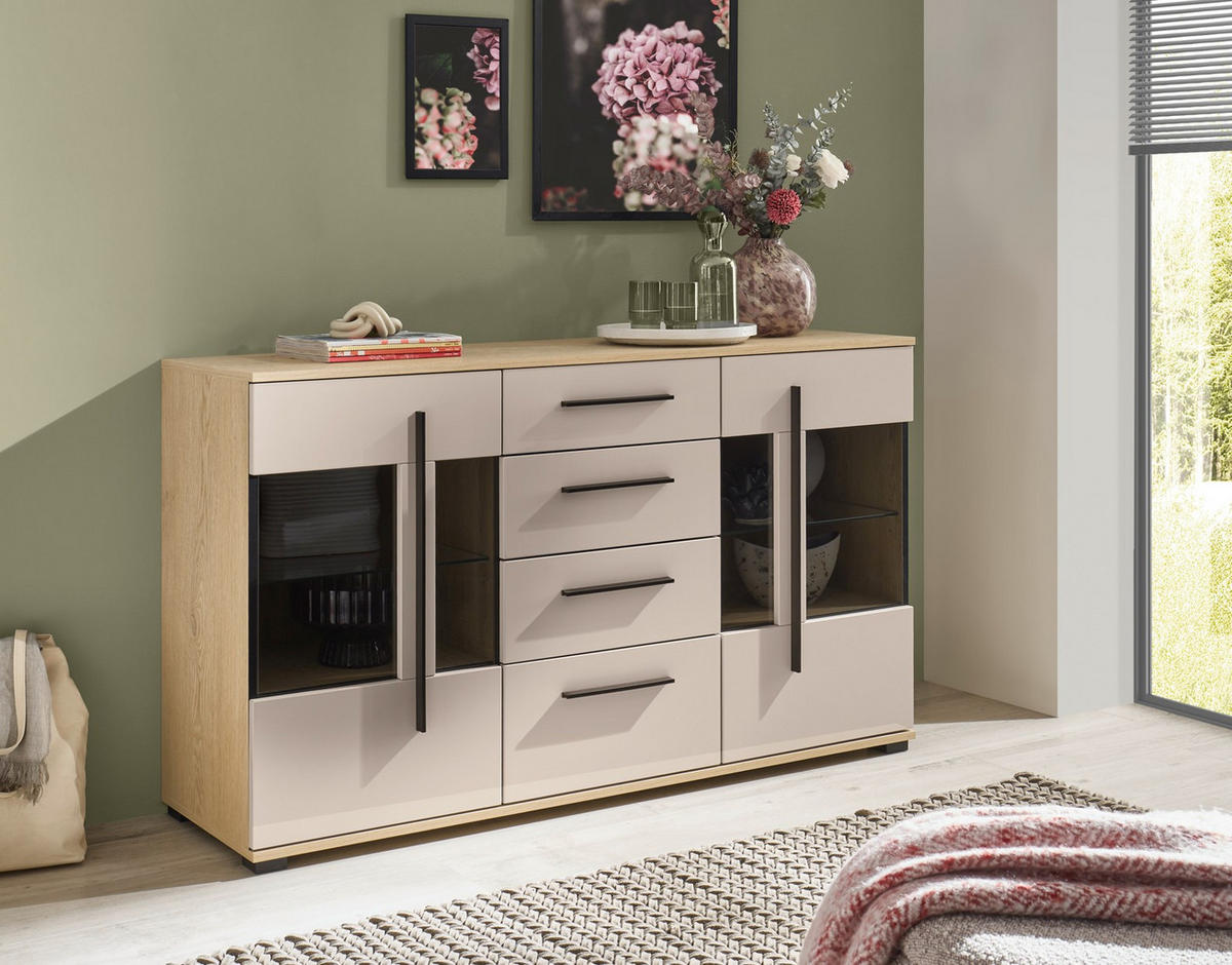 SIDEBOARD  150/86/42 cm 4 Schublade(n)  - Eichefarben/Schwarz, Design, Glas/Holzwerkstoff (150/86/42cm) - Livetastic