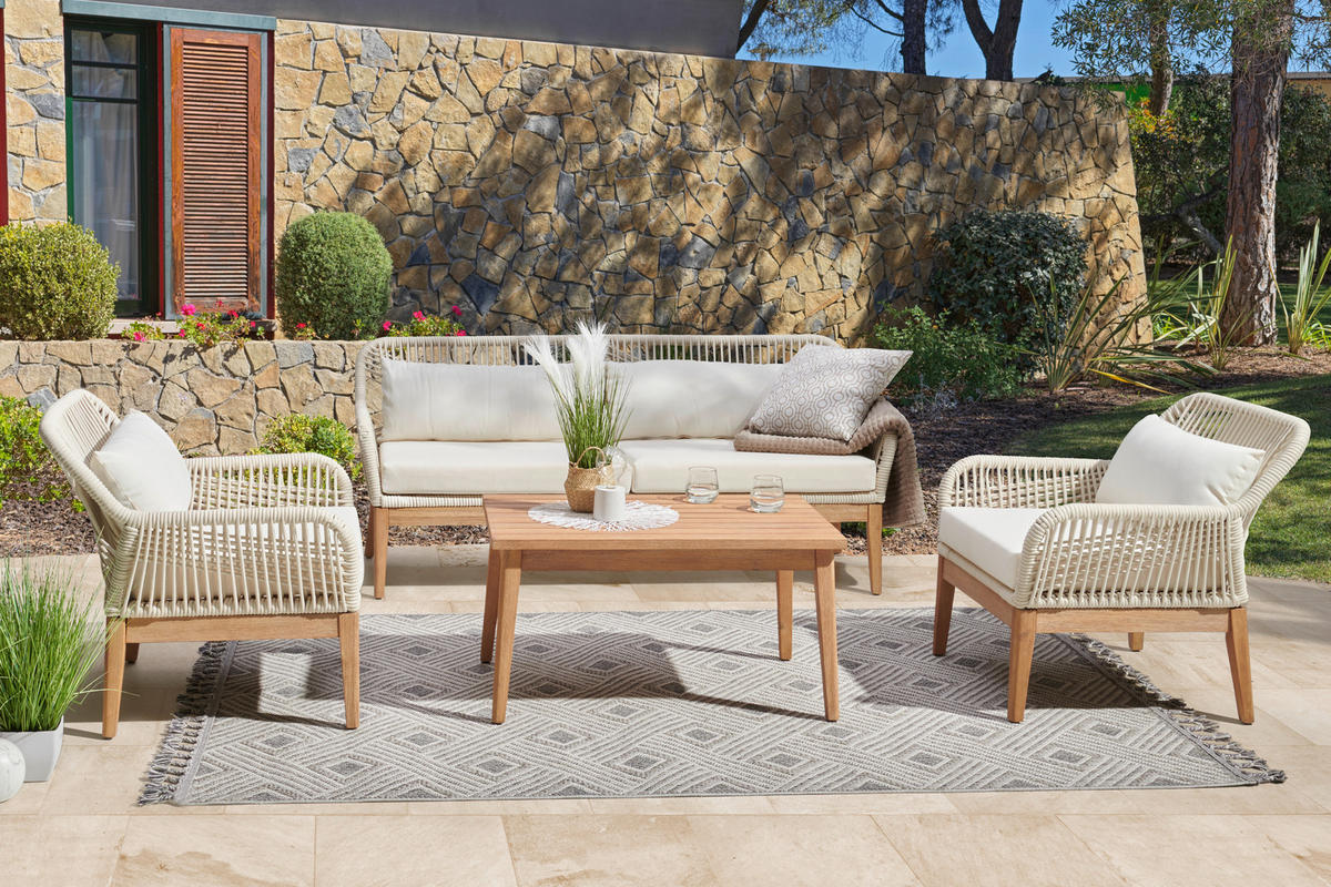 LOUNGEGARNITUR Akazie vollmassiv Aluminium  - Creme/Weiß, MODERN, Holz/Metall (85/55/45cm) - Ambia Garden