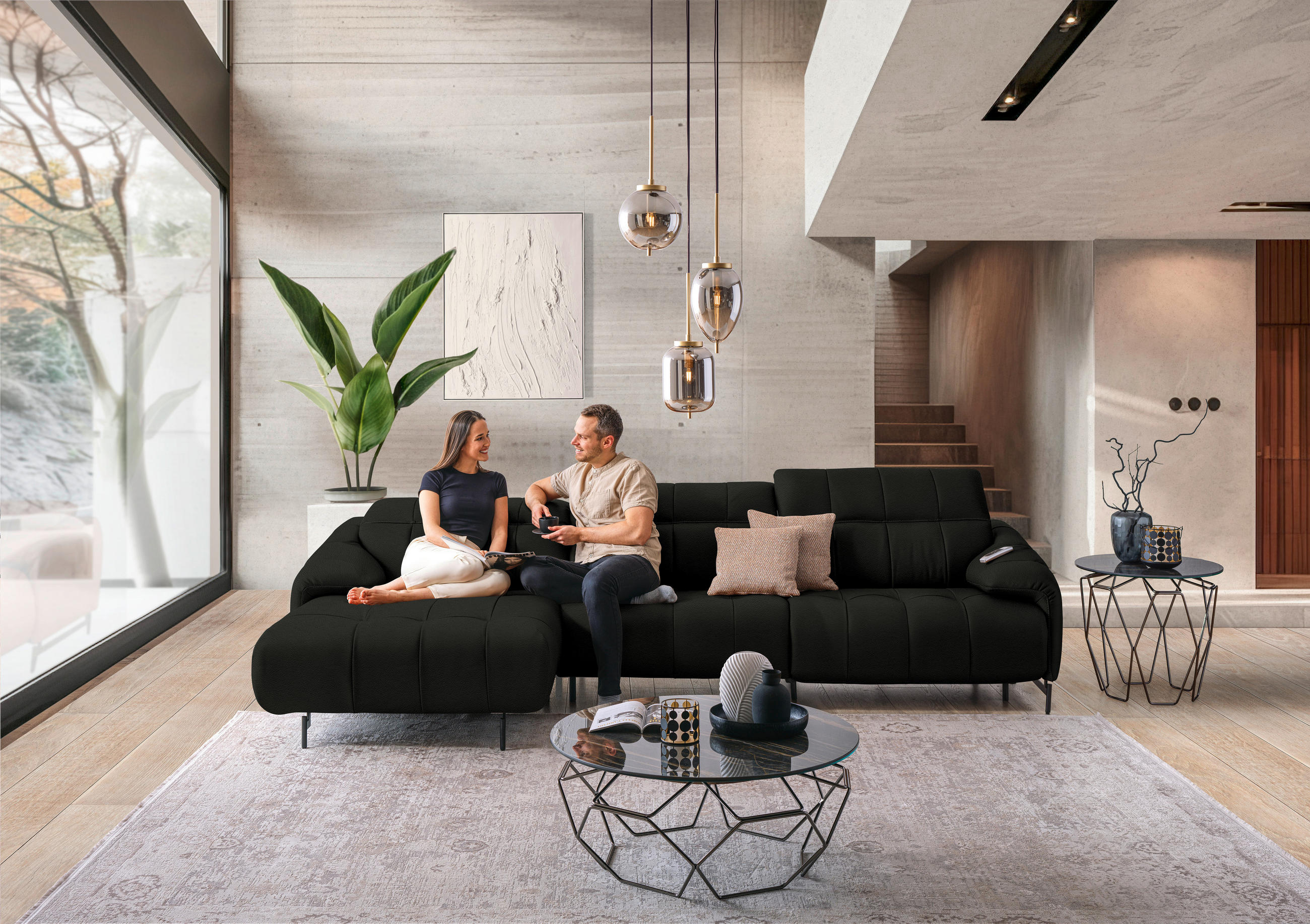 ECKSOFA in Echtleder Dunkelgrau  - Dunkelgrau/Schwarz, Design, Leder/Metall (165/313cm) - Emilio Belluti