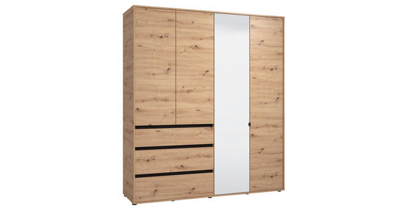DREHTÜRENSCHRANK 4-türig Schwarz, Eiche Artisan  - Schwarz/Eiche Artisan, Basics, Glas/Holzwerkstoff (182,5/210,5/54,5cm) - Xora