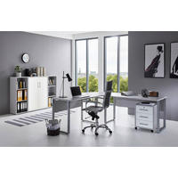 BÜRO Schreibtisch seitenverkehrt montierbar, abschließbar, erweiterbar, in verschiedenen Holz-Dekoren erhältlich Grau, Weiß - Weiß/Grau, MODERN - MID.YOU