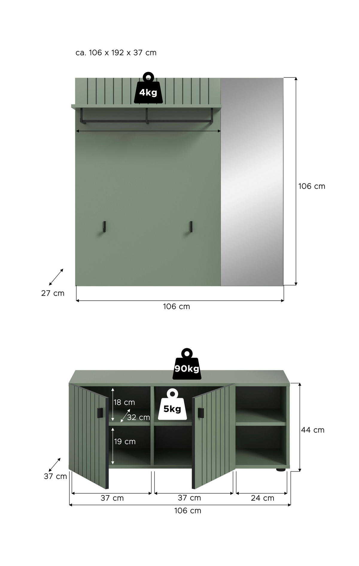 HALLMÖBEL 2 delar  i 106/192/37 cm  - grågrön, Design, trämaterial (106/192/37cm) - MID.YOU