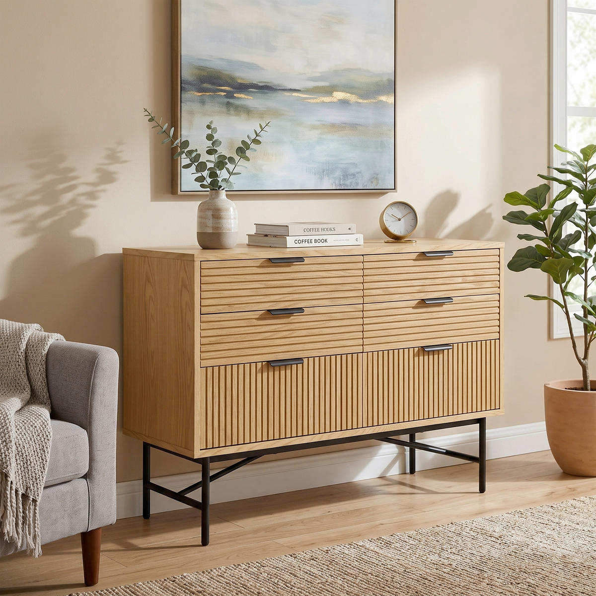 KOMMODE , , 6 Schublade(n)  - Eichefarben/Schwarz, Design, Holz/Holzwerkstoff (120cm) - Livetastic