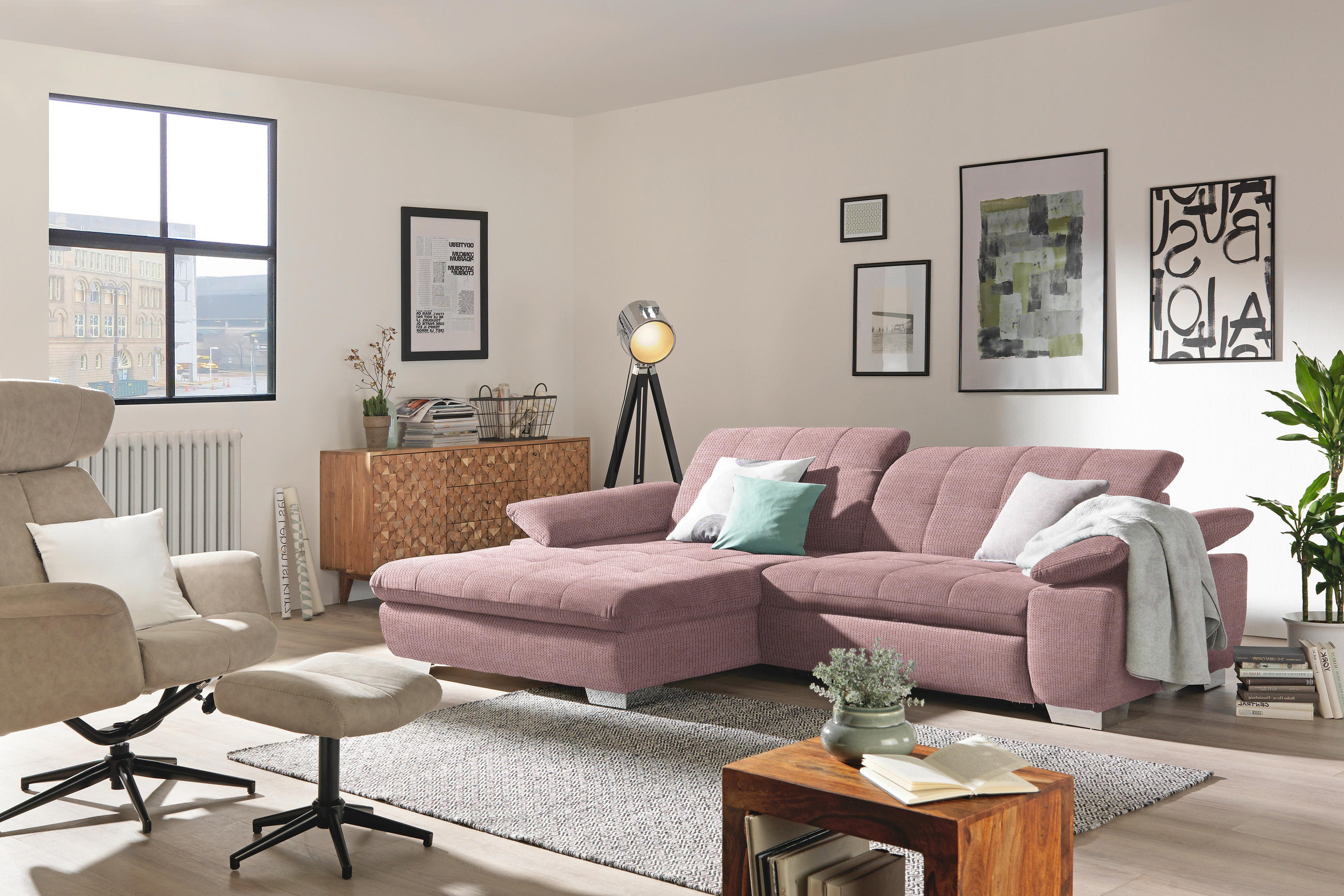 ECKSOFA in Mikrofaser Altrosa  - Chromfarben/Altrosa, Design, Textil/Metall (180/265cm) - Carryhome