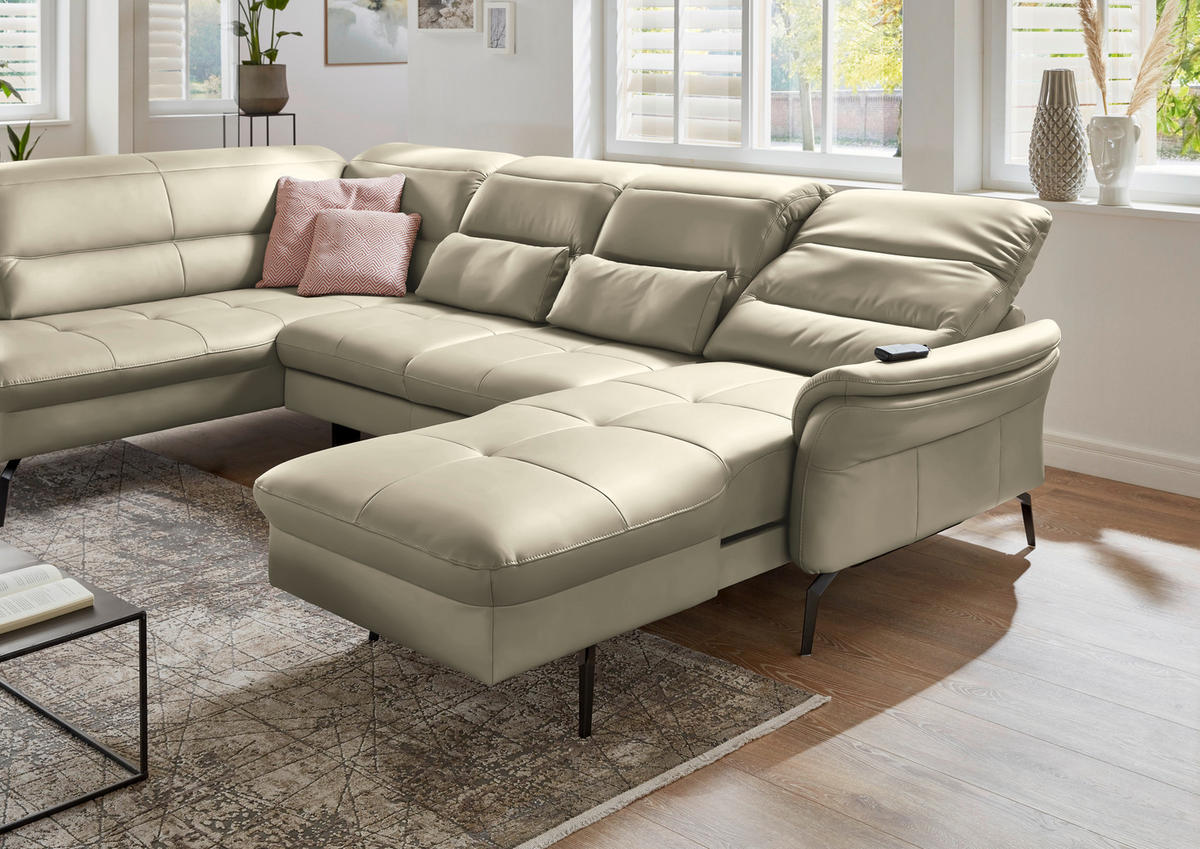 WOHNLANDSCHAFT in Echtleder Creme, Naturfarben  - Creme/Schwarz, Design, Leder/Metall (206/336/181cm) - Beldomo Speed