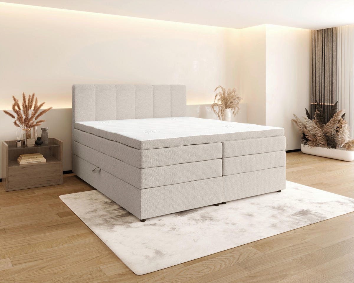 BOXSPRINGBETT 140/200 cm,  in Creme, gepolstertes Kopfteil, Bettkasten, Topper, Matratzen, H3 + H4 = fest + sehr fest  - Creme/Schwarz, KONVENTIONELL, Kunststoff/Textil (140/200cm) - Esposa
