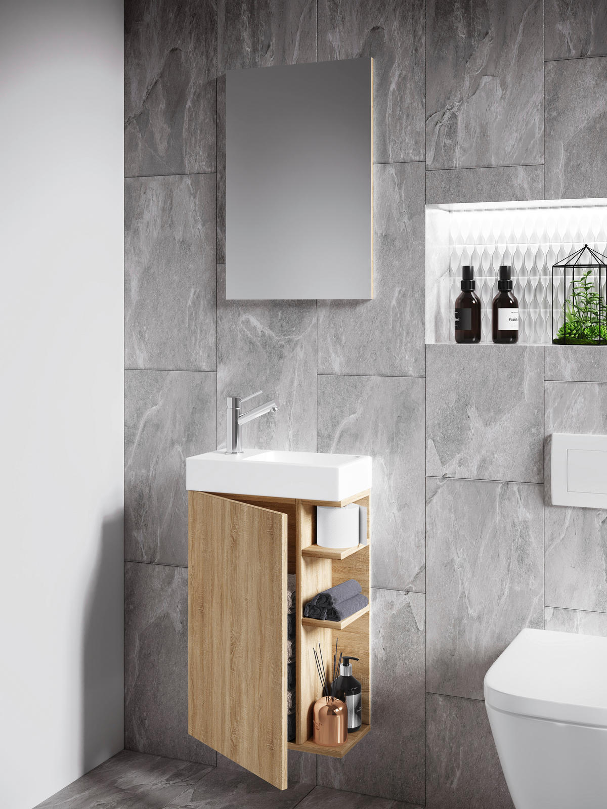 GÄSTBADRUM 40 cm  - vit/Sonoma ek, Modern, trämaterial/glas (40cm) - MID.YOU