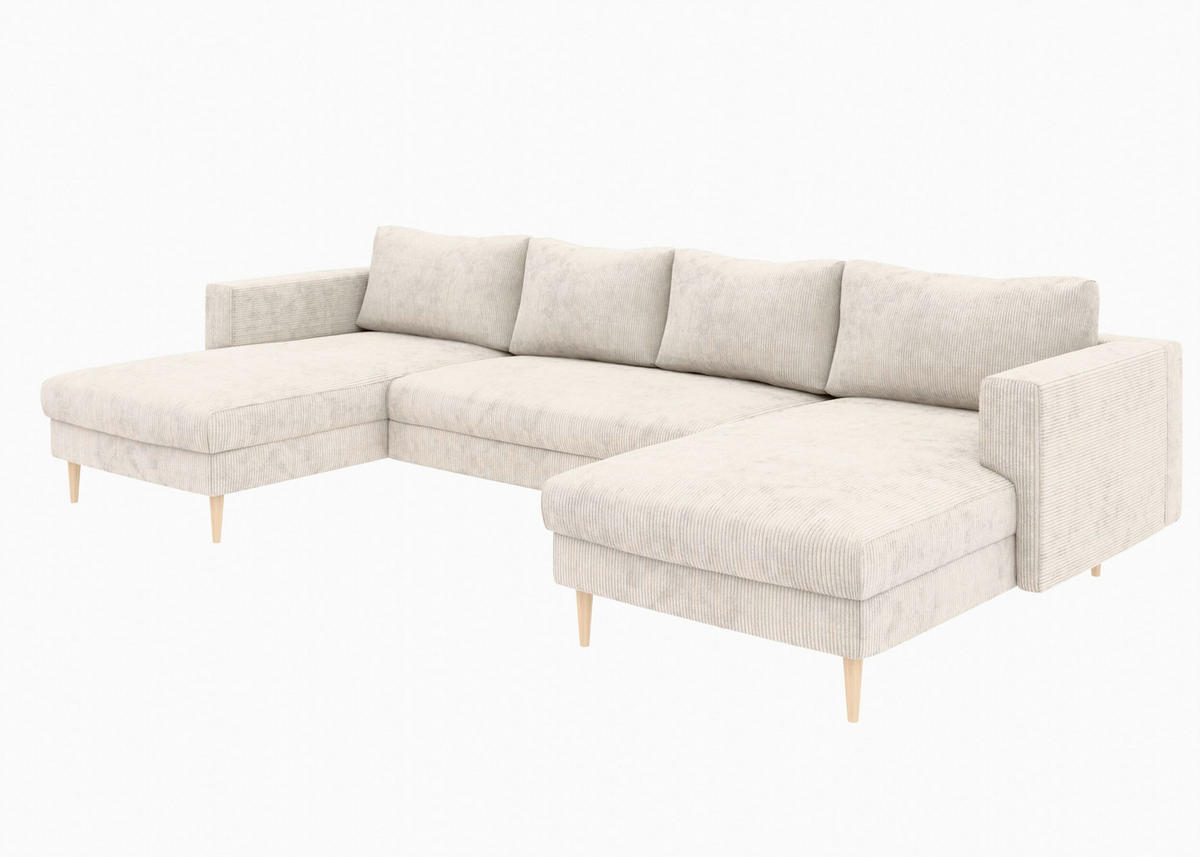 WOHNLANDSCHAFT Creme Cord  - Buchefarben/Creme, MODERN, Holz/Textil (161/306/161cm) - Trendmanufaktur