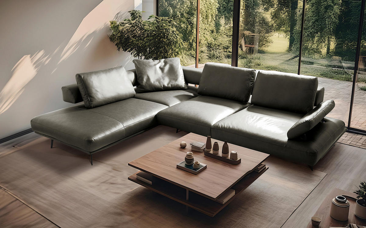 ECKSOFA Grau Echtleder  - Schwarz/Grau, Design, Leder/Metall (237/306cm) - Livetastic