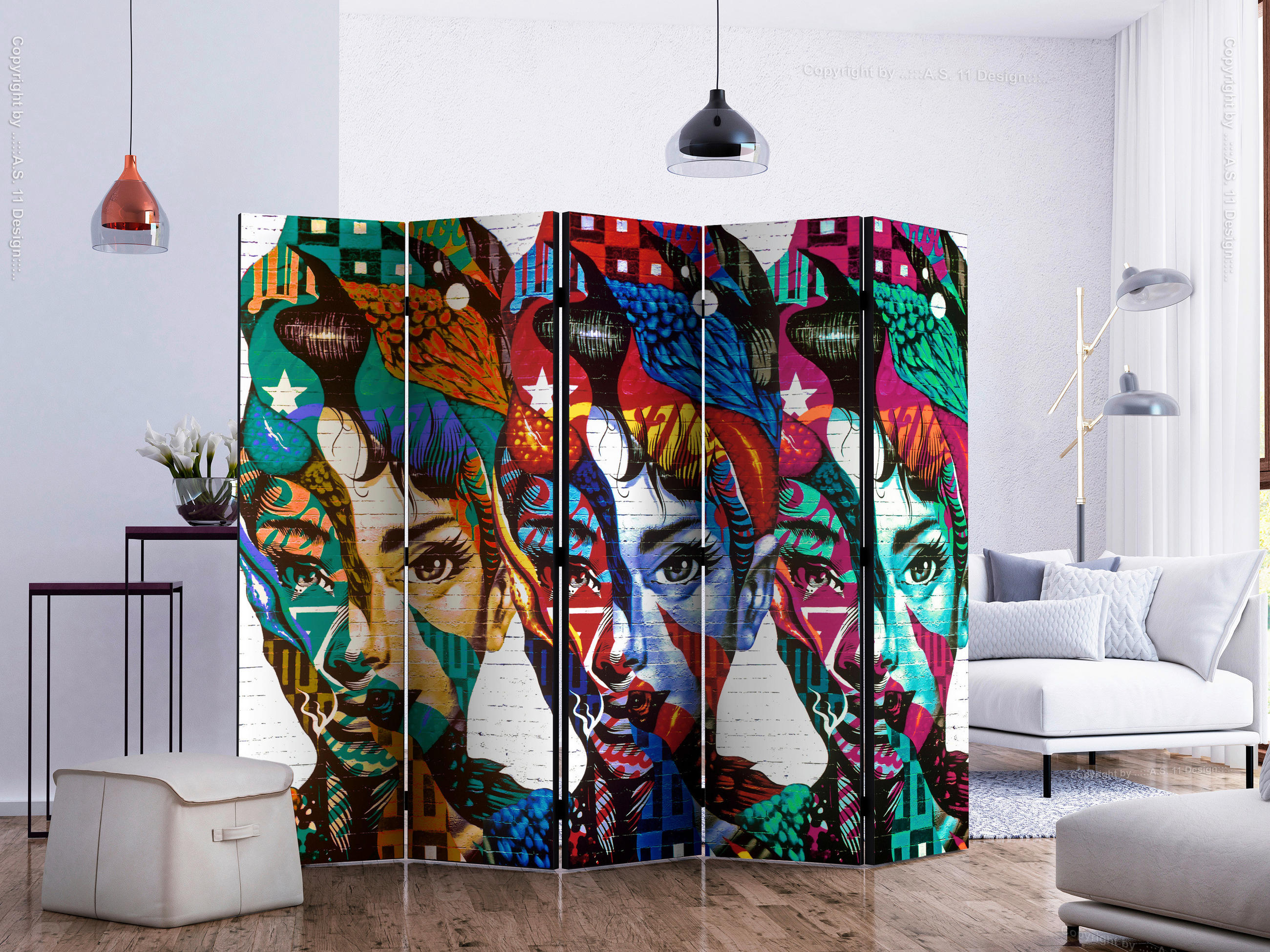 PARAVENT mit 5  Flügel - Multicolor, Basics, Holz/Textil (225/172/3cm) - artgeist