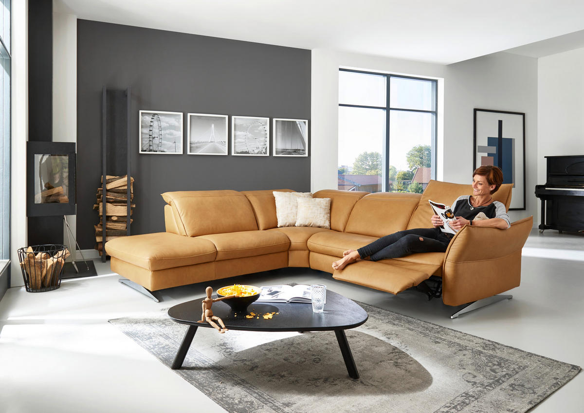 ECKSOFA in Echtleder Orange  - Edelstahlfarben/Orange, Design, Leder/Metall (258/292cm) - Hukla