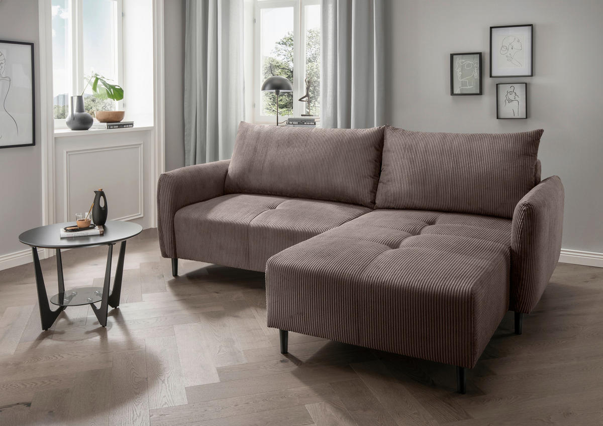 ECKSOFA in Cord Graubraun  - Graubraun/Schwarz, Basics, Holz/Textil (238/174cm) - Livetastic