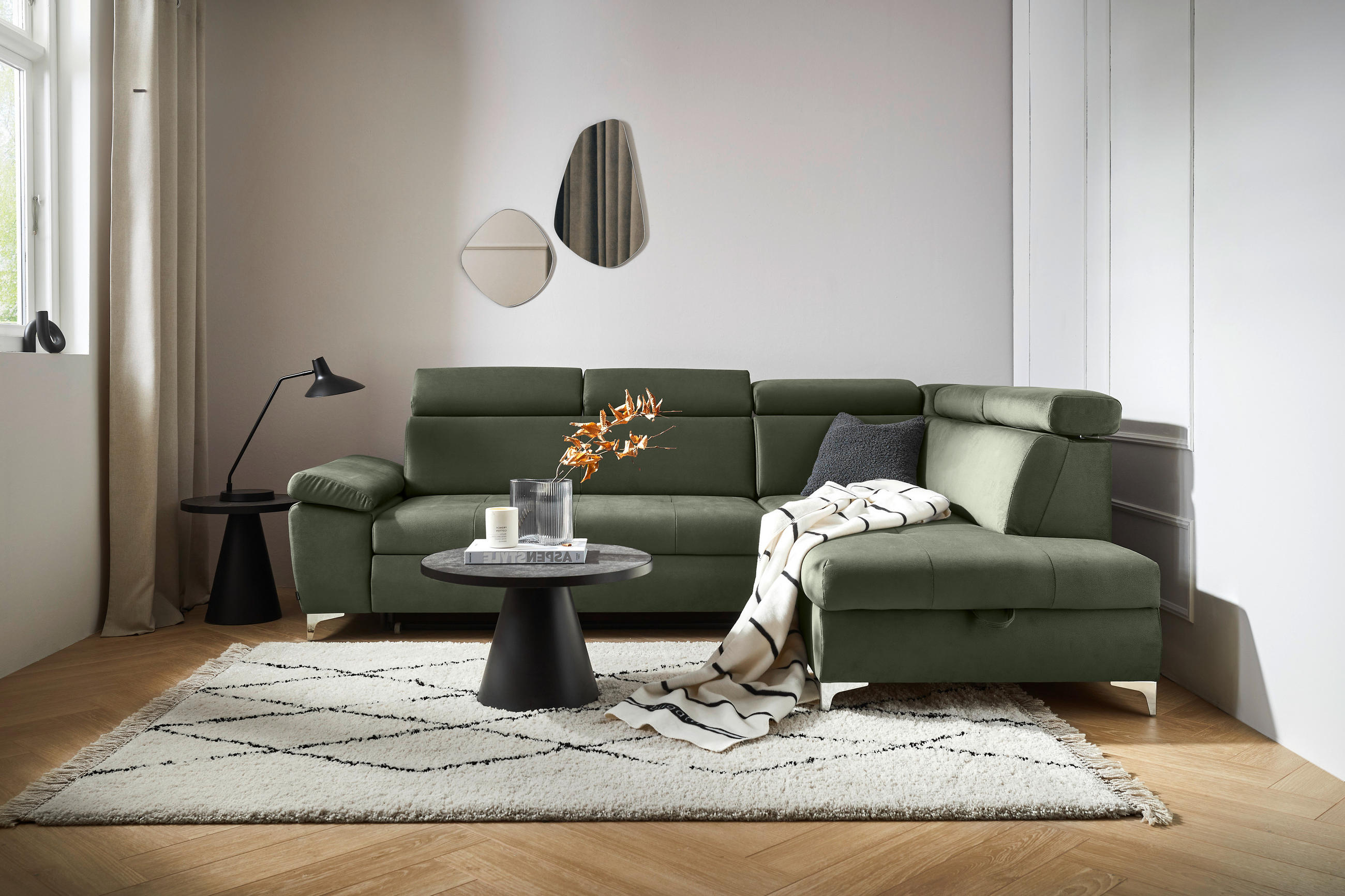 ECKSOFA Olivgrün Mikrofaser  - Chromfarben/Olivgrün, KONVENTIONELL, Textil/Metall (271/206cm) - Carryhome