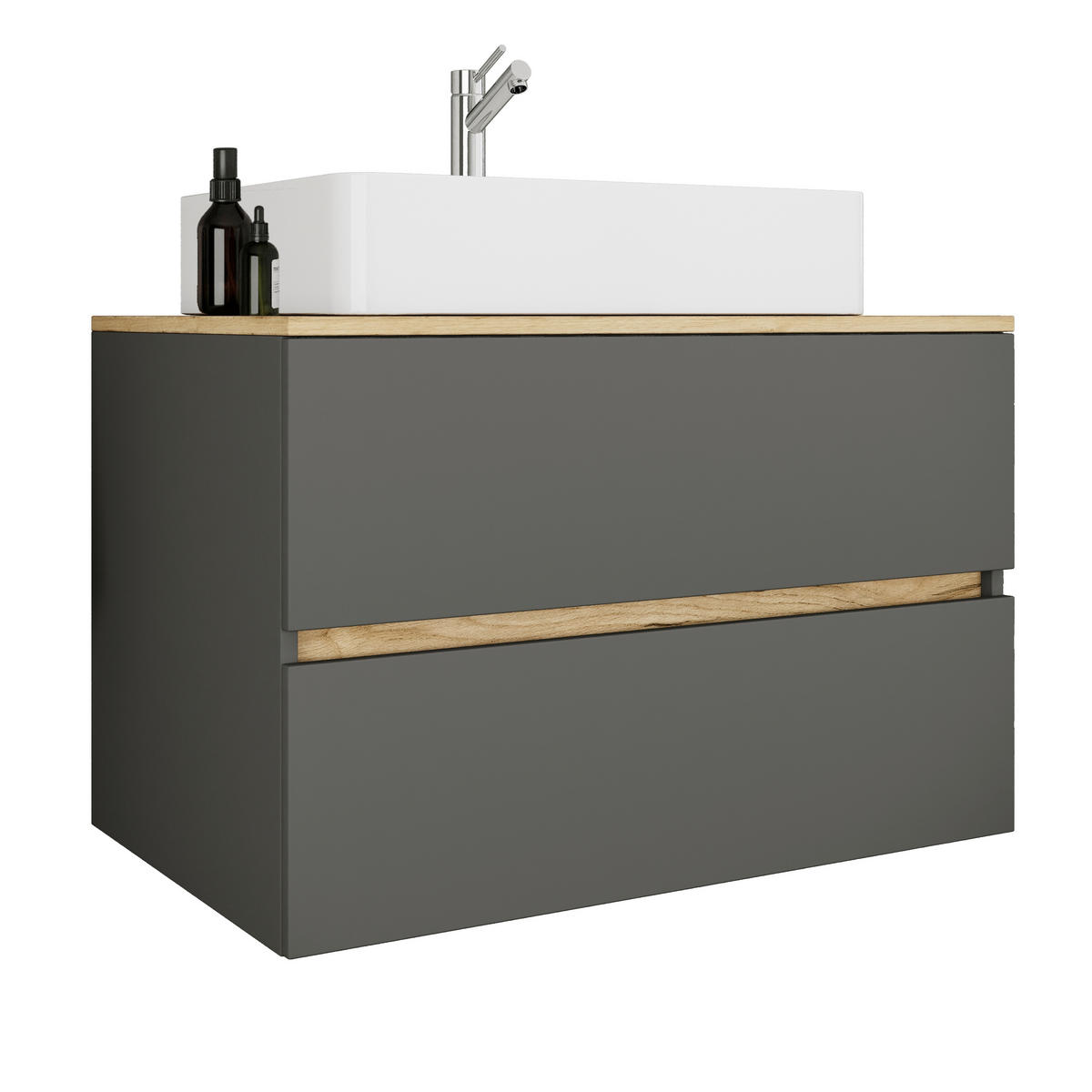 KOUPELNA antracitová, medový dub  - bílá/antracitová, Trend, kompozitní dřevo/keramika (80/64/51cm) - MID.YOU