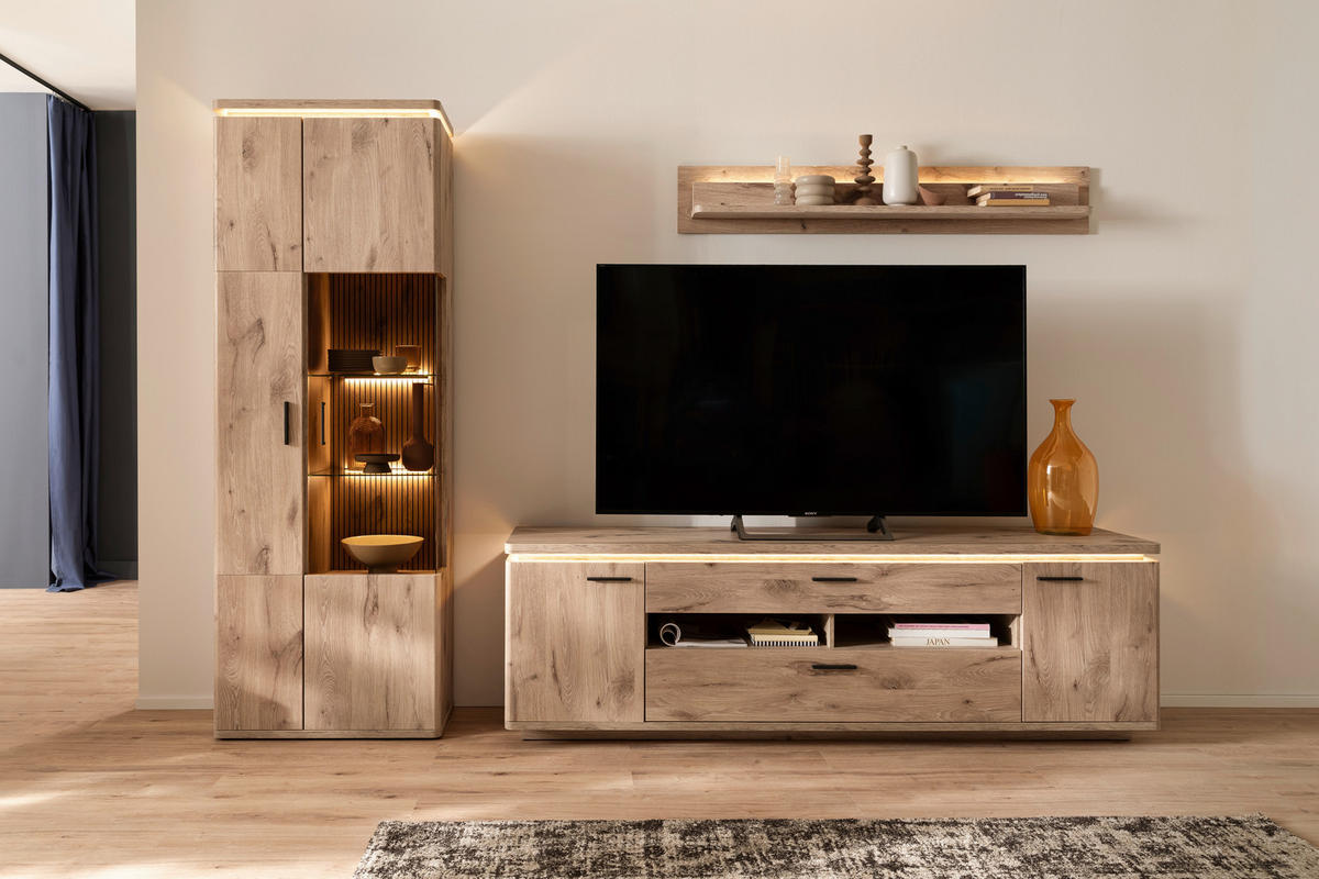 WOHNWAND 3-teilig  in Eichefarben  295/208/50 cm  - Eichefarben/Anthrazit, KONVENTIONELL, Glas/Holzwerkstoff (295/208/50cm) - Cantus