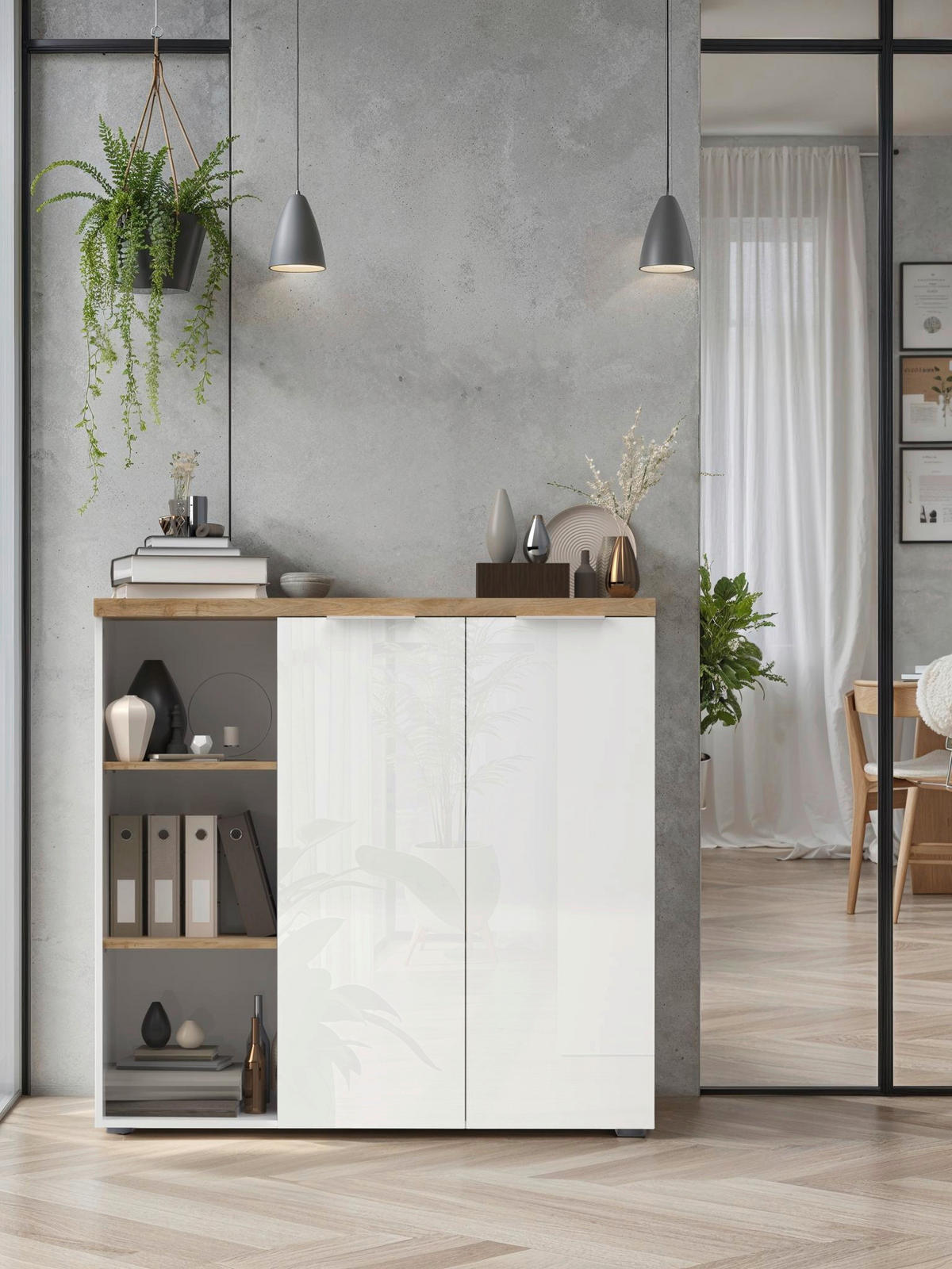 KLÄDSKÅP i ekfärgad, vit högglans  - vit högglans/ekfärgad, Modern, metall/trämaterial (121/116/34cm) - Best Price