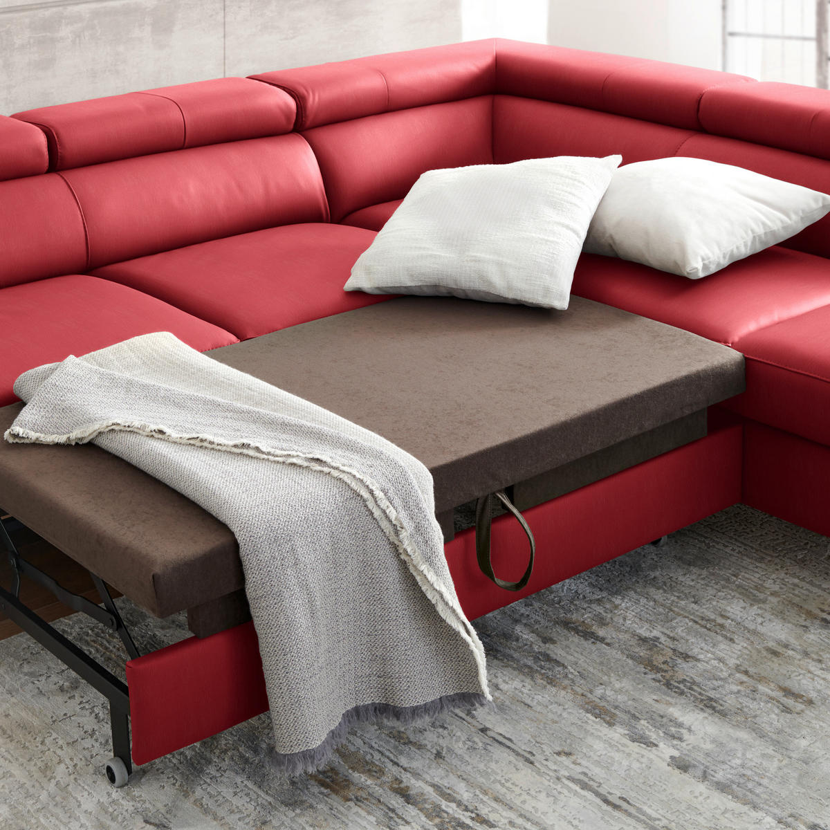 ECKSOFA in Echtleder Rot  - Rot/Schwarz, Design, Leder/Metall (256/220cm) - Celina Home