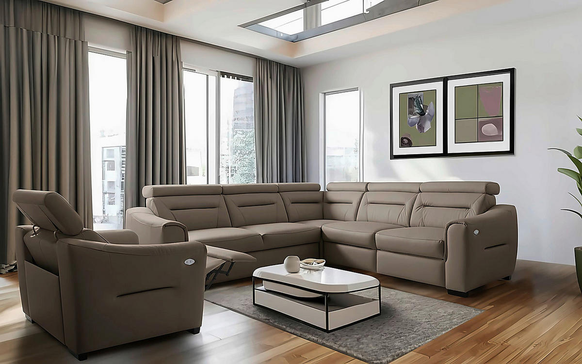 ECKSOFA Schlammfarben Echtleder Lederlook Schlaffunktion, Rücken echt, Relaxfunktion, Kopfteilverstellung  - Wengefarben/Schlammfarben, Design, Leder/Holz (260/260cm) - Celina Home