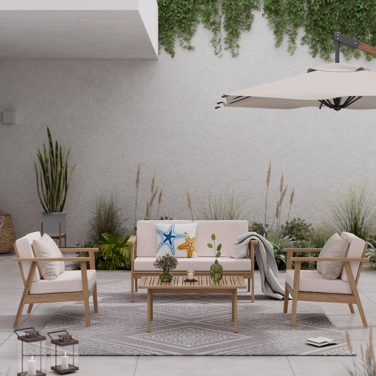 GARTENSET  - Beige/Teakfarben, MODERN, Holz/Textil (130/72/90/75/75/38/71/71/55cm) - Ambia Garden